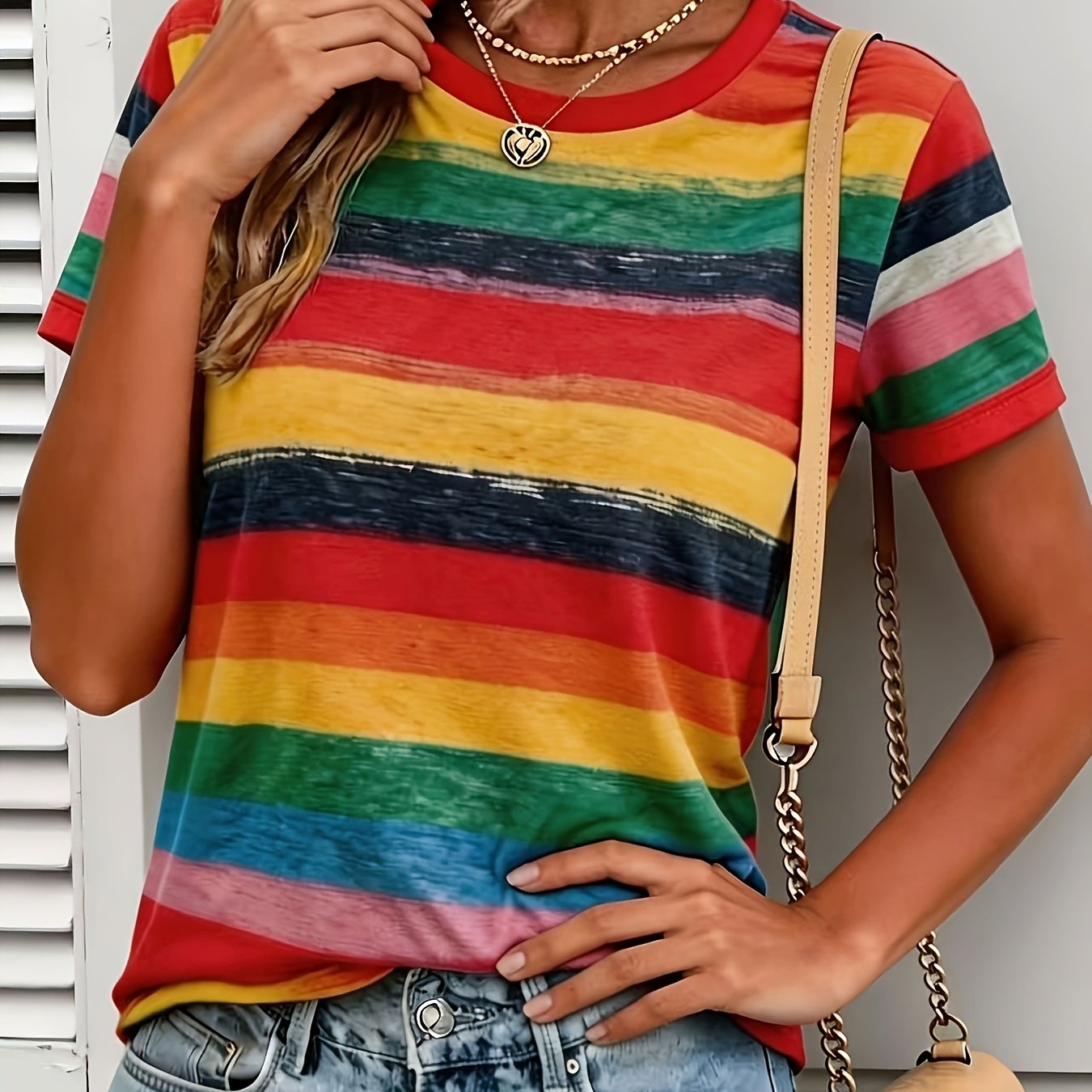 TEMU Women's T-shirt, New Summer Fashion Casual Round Neck Striped Print Short Sleeve, Stripe Pattern, Versatile Style For Commuting, , And Outdoor