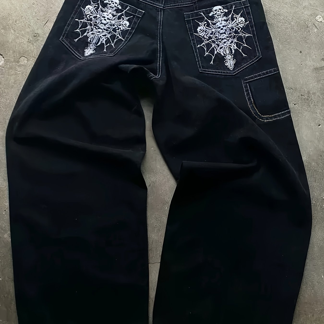 Image of Geng Yuan Y2k Style Street Skull Embroidery Loose Straight Denim Long Pants