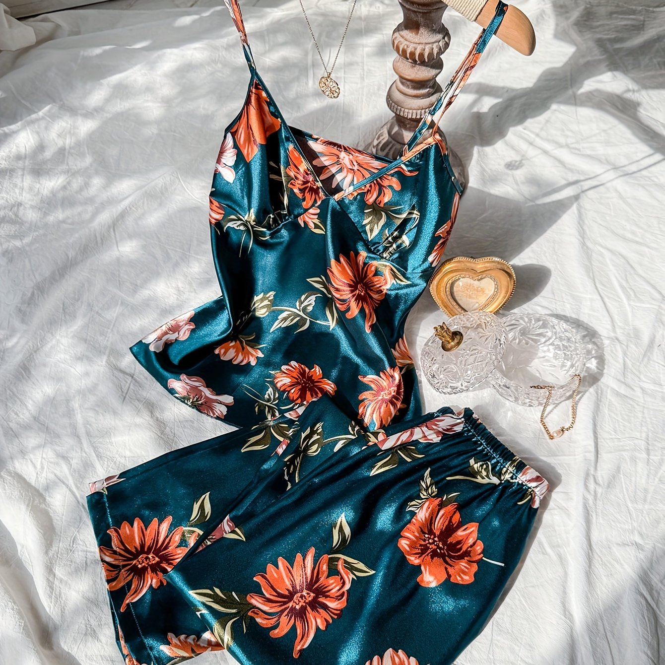 Women's V-neck Printed Camisole Long Pants Pajama Set, 2pcs Set
