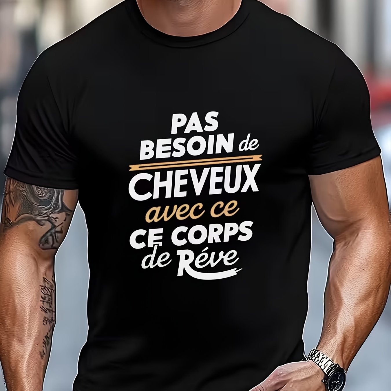 TEMU T-shirt pour Homme avec Française "Pas Besoin de Cheveux" - Motif Humoristique sur la Calvitie, Haut Décontracté Léger à Col Rond et Manches