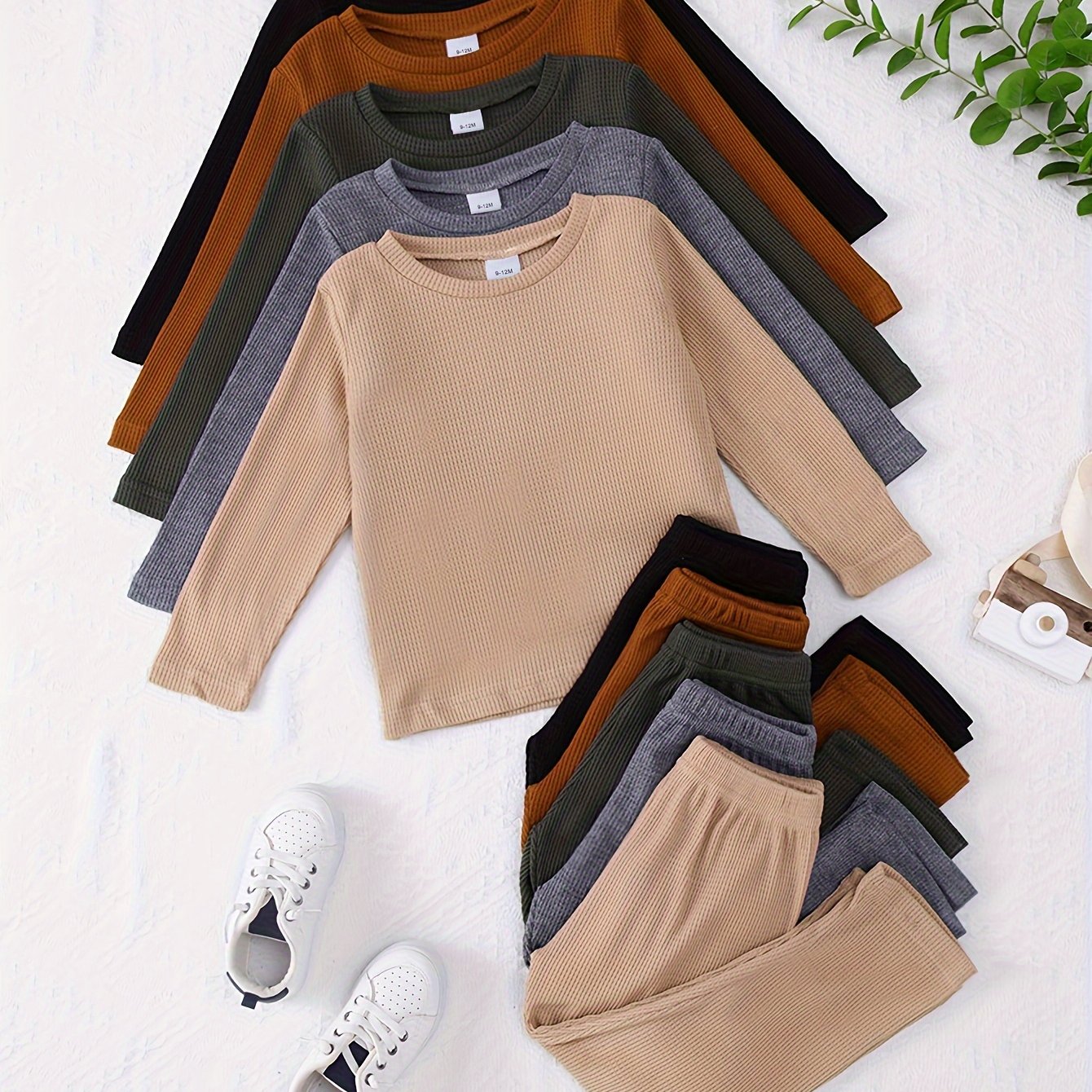 Image of Ten-piece Set Of Boys' Casual Solid And Comfortable Waffle Knit Fabric Long-sleeved Top And Pants Set, For Outdoor