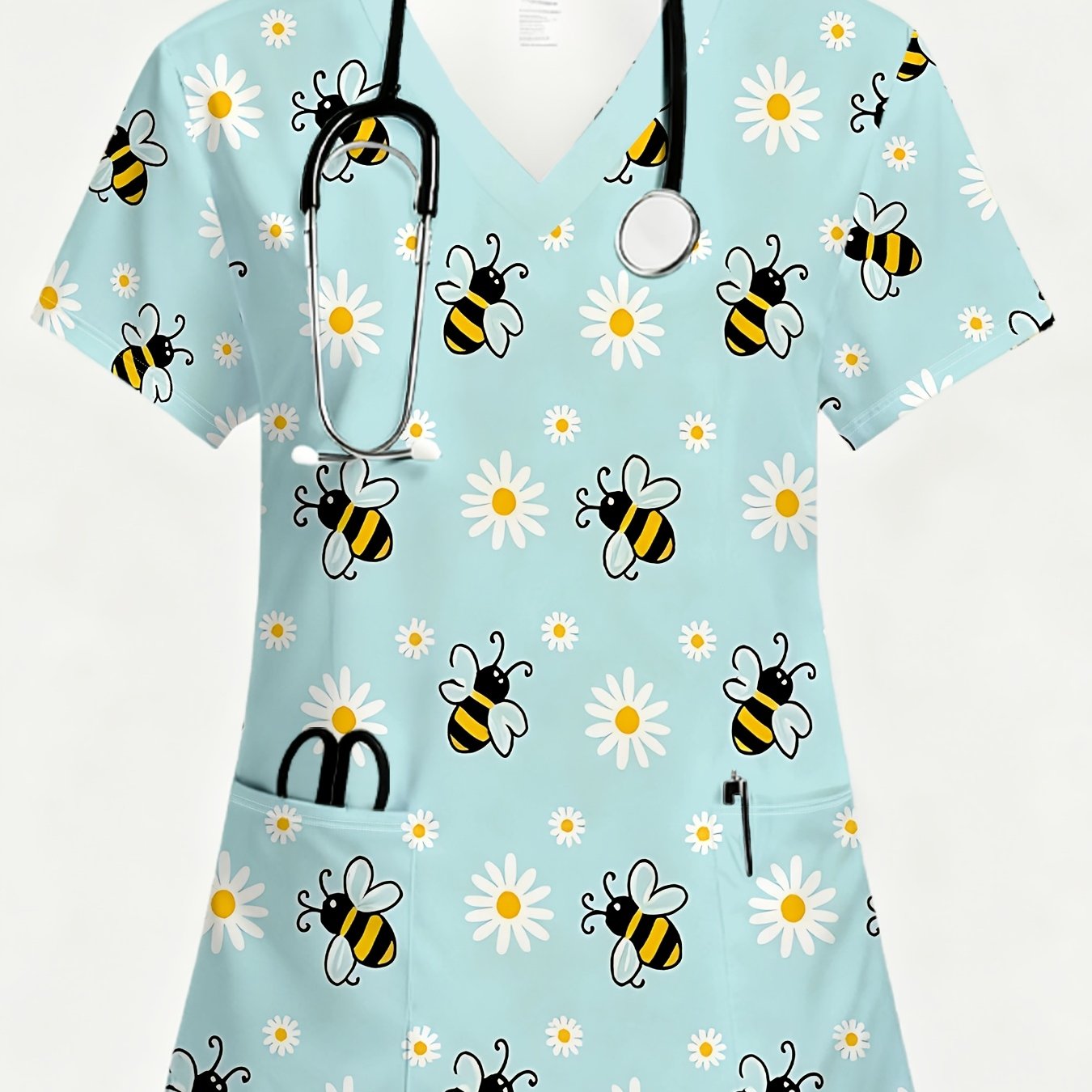 TEMU A Cute Print Women's Short-sleeve V-neck T-shirt Featuring Combination Of And Daisies With Pockets, Made From Soft And Comfortable Fabric