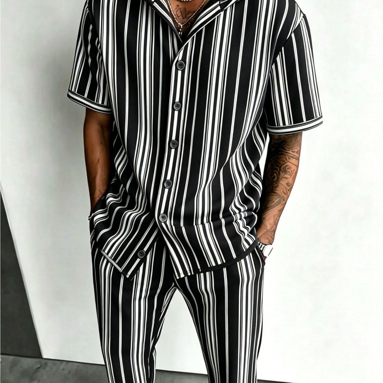 Image of Men's Stripe Print Hooded 2pcs Suit, Short Sleeve Top & Drawstring Pants, Fashion Casual Outfit For Daily Wear