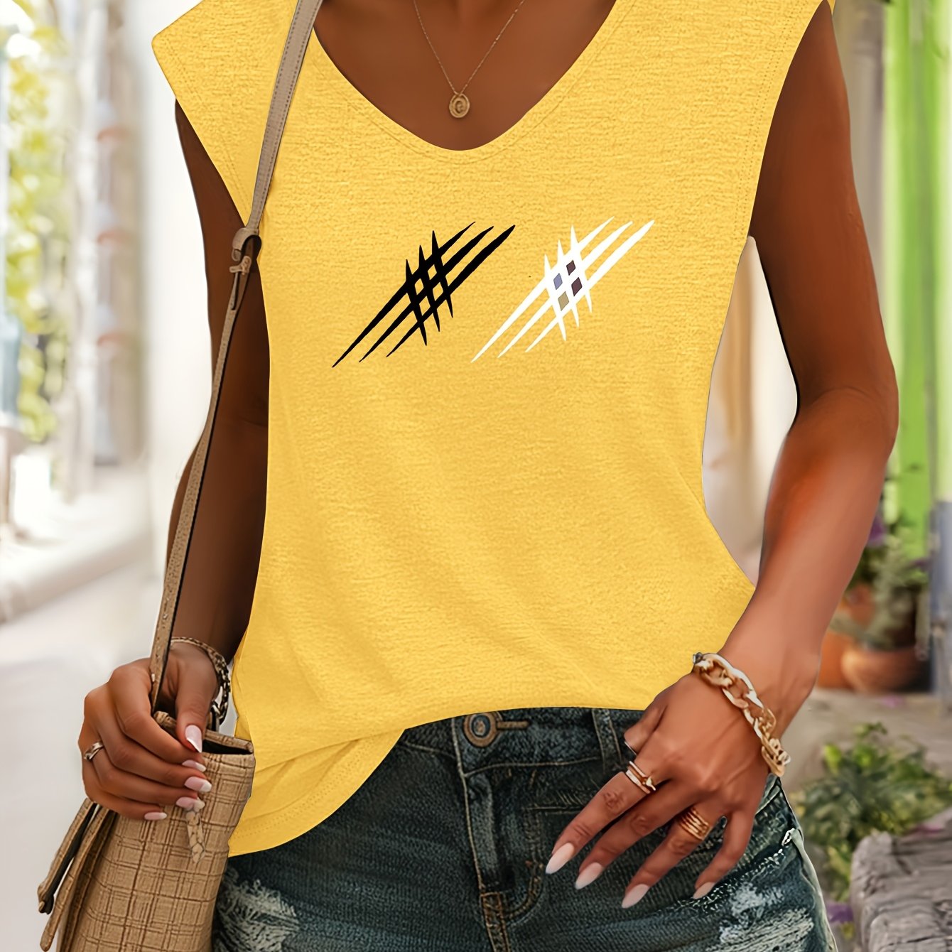 TEMU Wild And Powerful, This V-neck Sleeveless T-shirt Features A , Sharp Claw-scratch Print On Natural-dyed. Made From Fabric, Versatile For