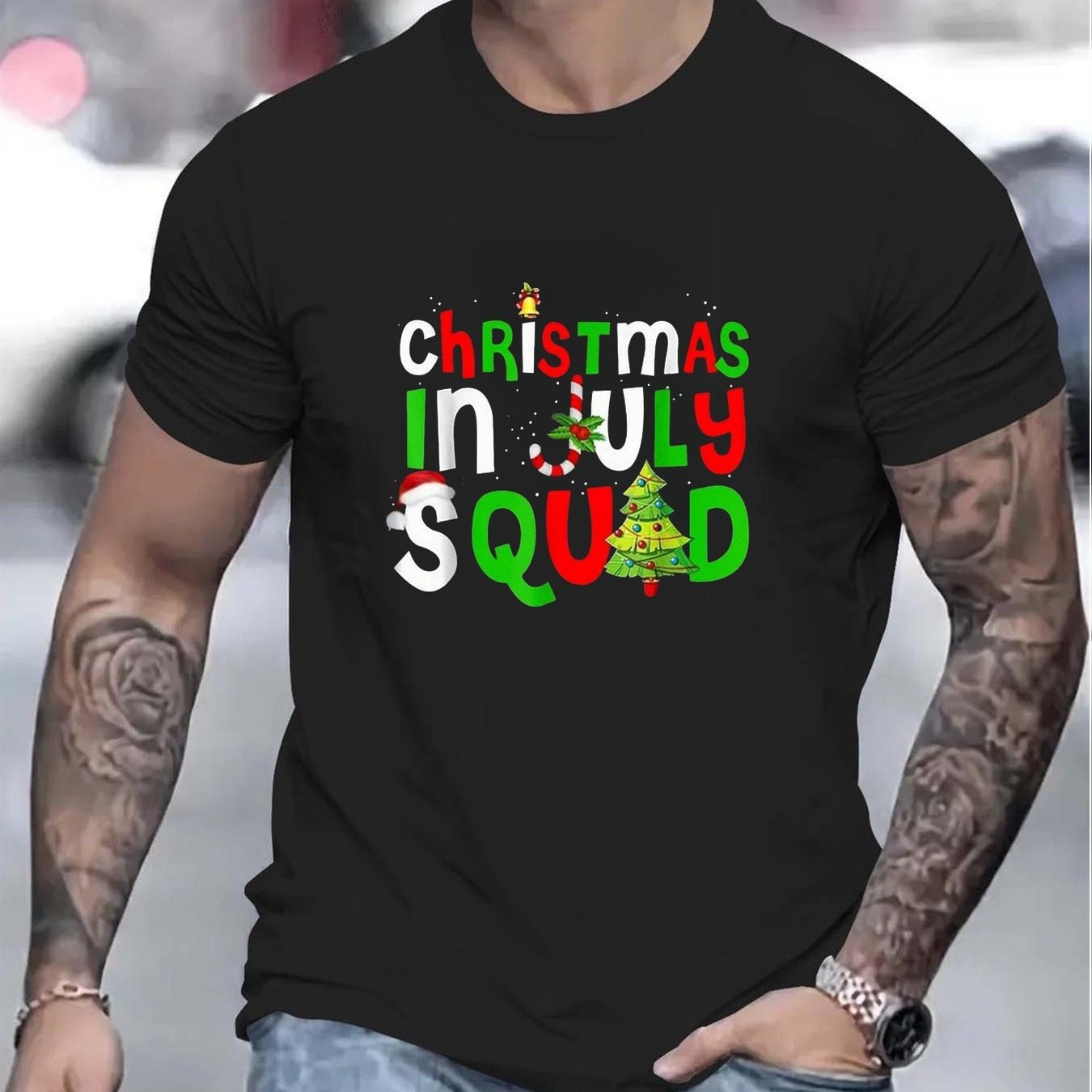 TEMU Funny Christmas In July Squad Graphic - Crewneck Short Sleeve With Santa Hat And Snowflakes Design - Unisex Casual Summer Tour And Holiday Party