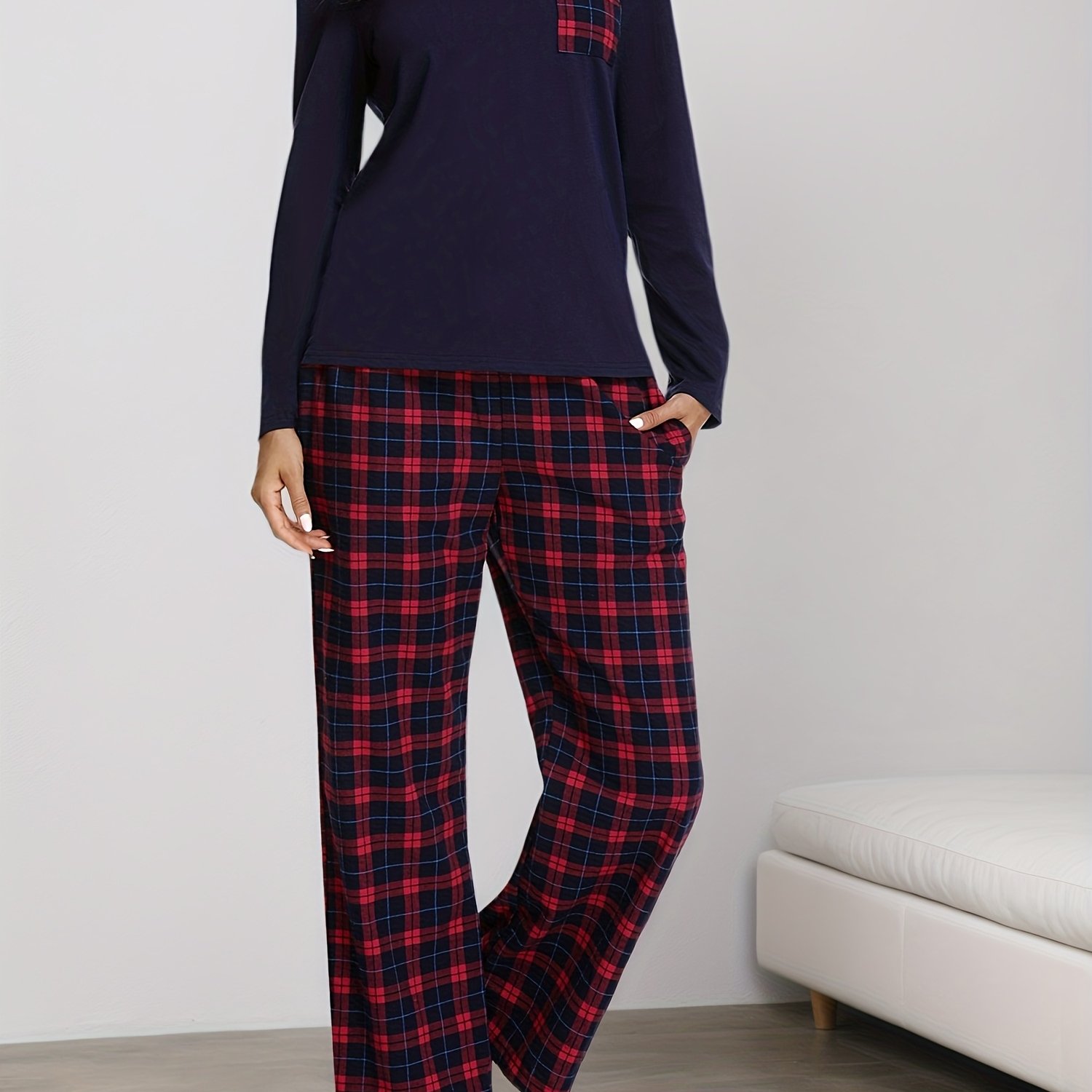 TEMU Set Pigiama Donna Inverno, Pigiama Casual con Scollo a V, Pantaloni Lunghi a Quadri, Regalo Halloween Natale, Abbigliamento Casual Donna, Idea