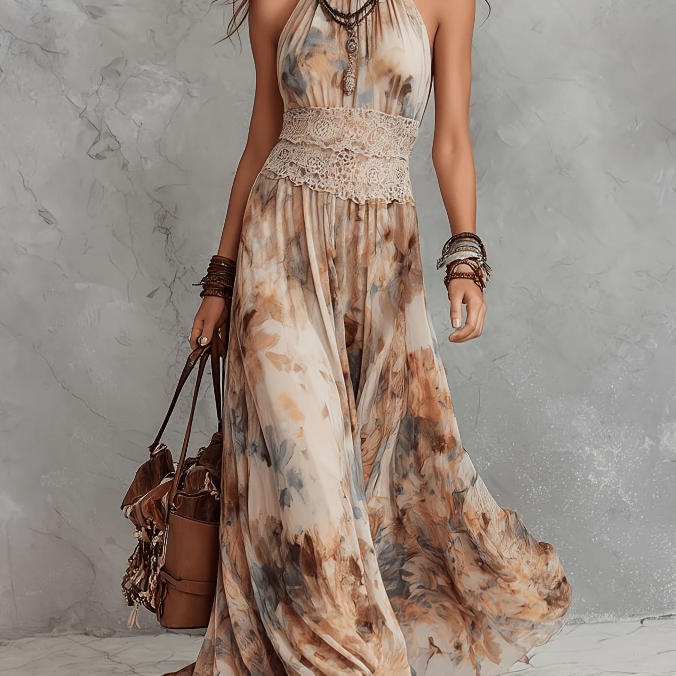 Image of Vintage Oil Painting Floral Strap Waist Dress, Long Dress For Seaside Vacation, Travel