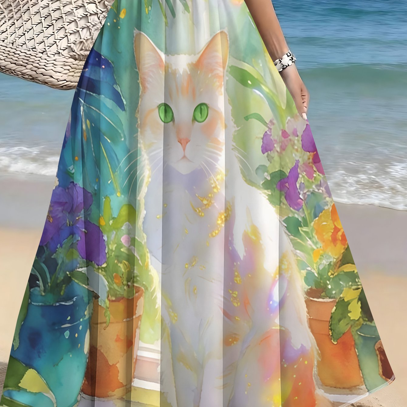 TEMU Fresh Watercolor Cat Print High-waist Flowy Midi Skirt, Summer Casual