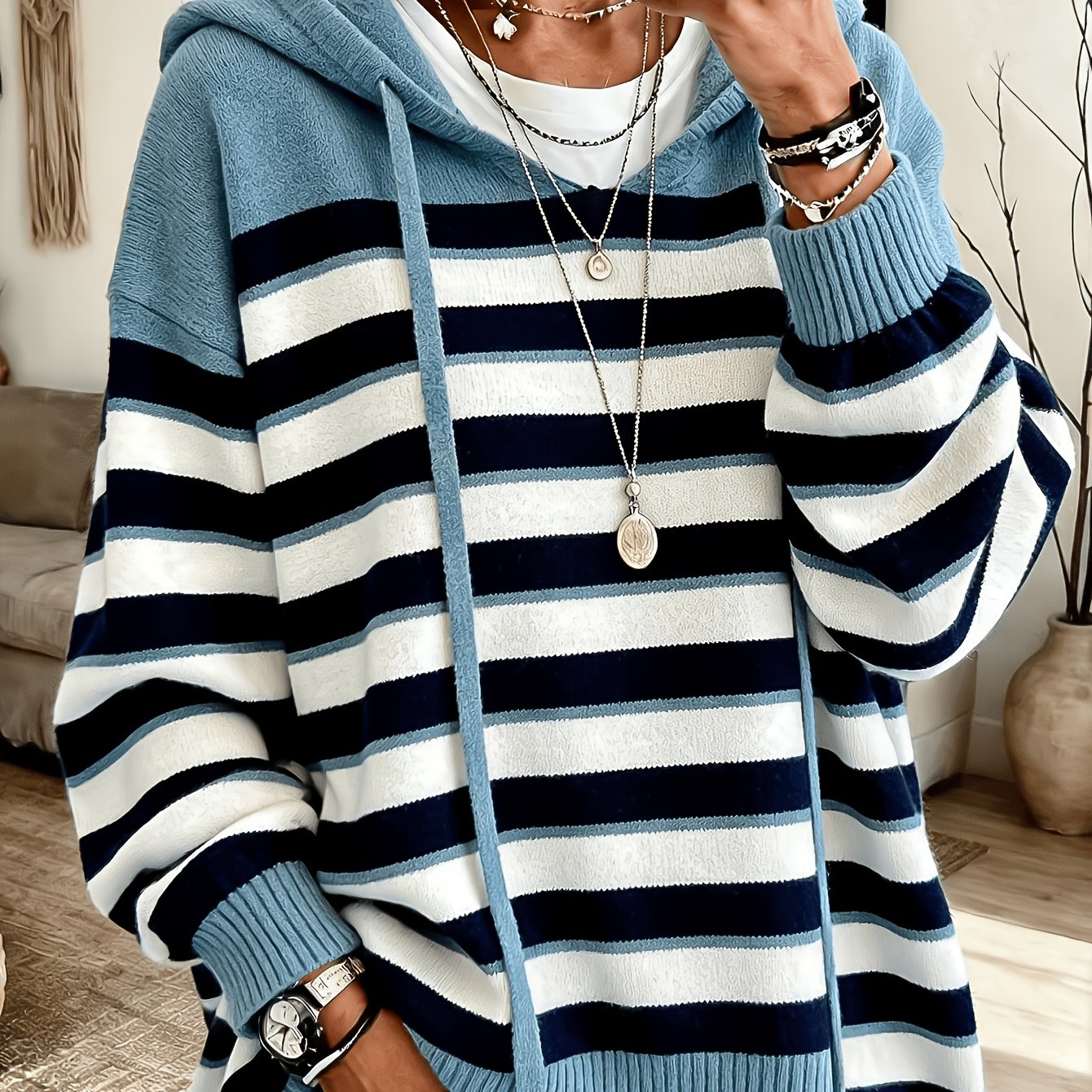 TEMU Korean Style Loose Casual Striped Hooded Sweater, Autumn Winter Soft Lantern Sleeve Striped Hoodie, Fashionable Temperament Women's Clothing