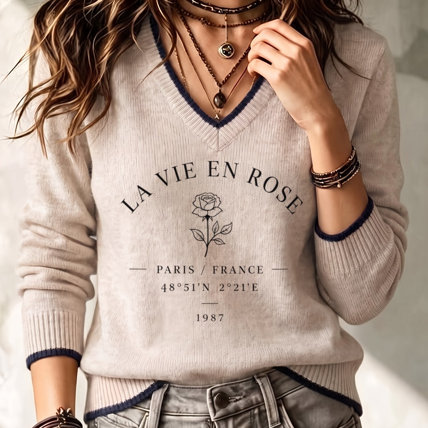TEMU 2d Digital Women's Long Sleeve Sweater Inner Wear Outer Wear Rose French Paris Vintage Literary -match Temperament V-neck Pullover Autumn Winter