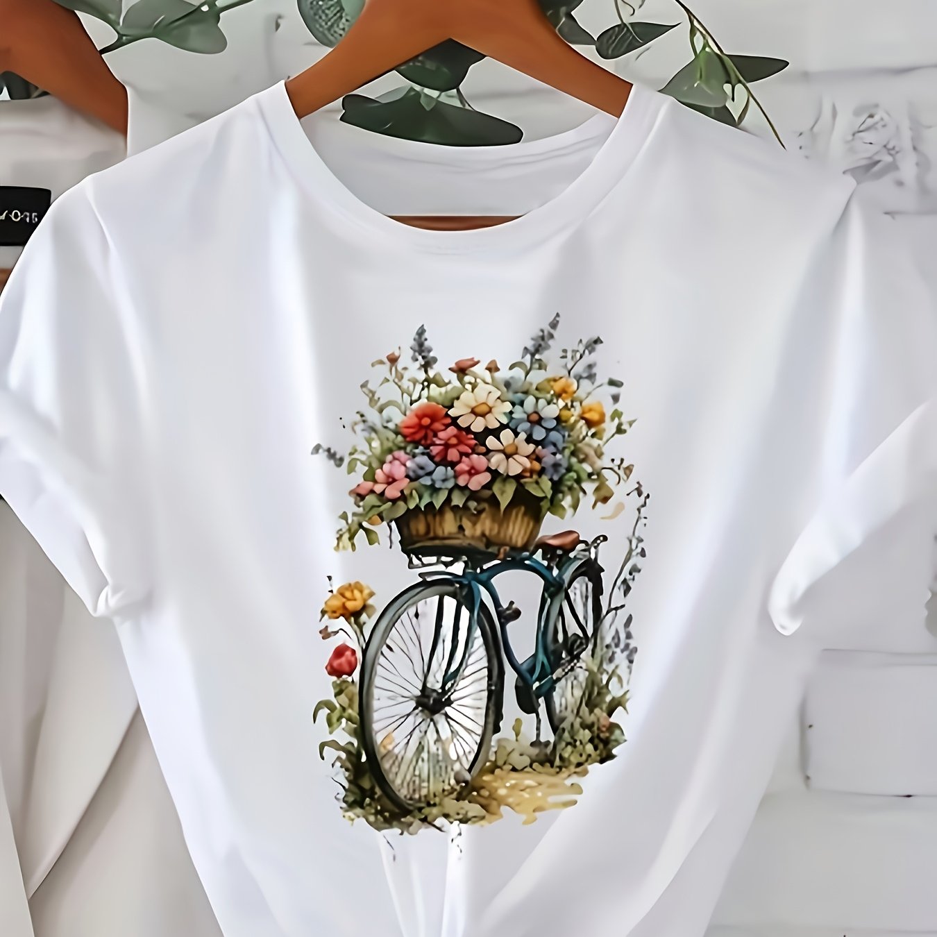 TEMU Plus Size, Women's Floral Bicycle Landscape Print Short Sleeve Crew Neck T-shirt, Casual Short Sleeve