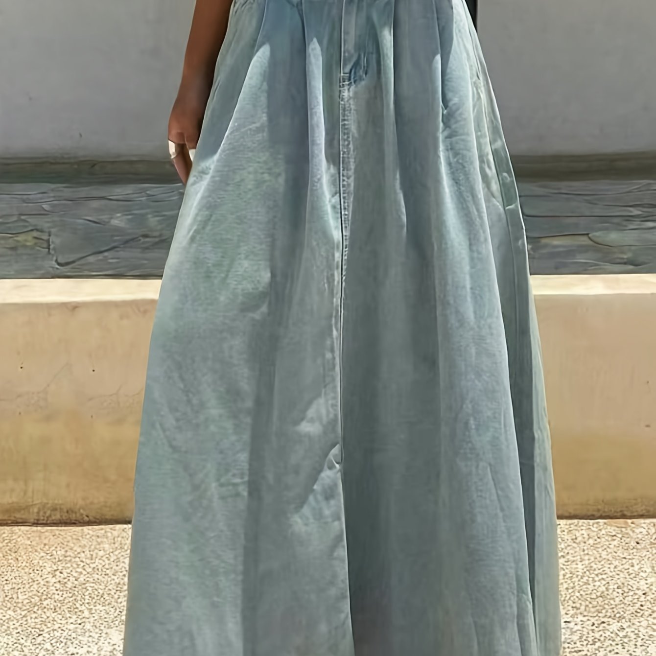 Women' Wash Denim Maxi Skirt High Waist A-line Pleated Long Skirt With Frayed Hem Casual Summer Jean Skirt