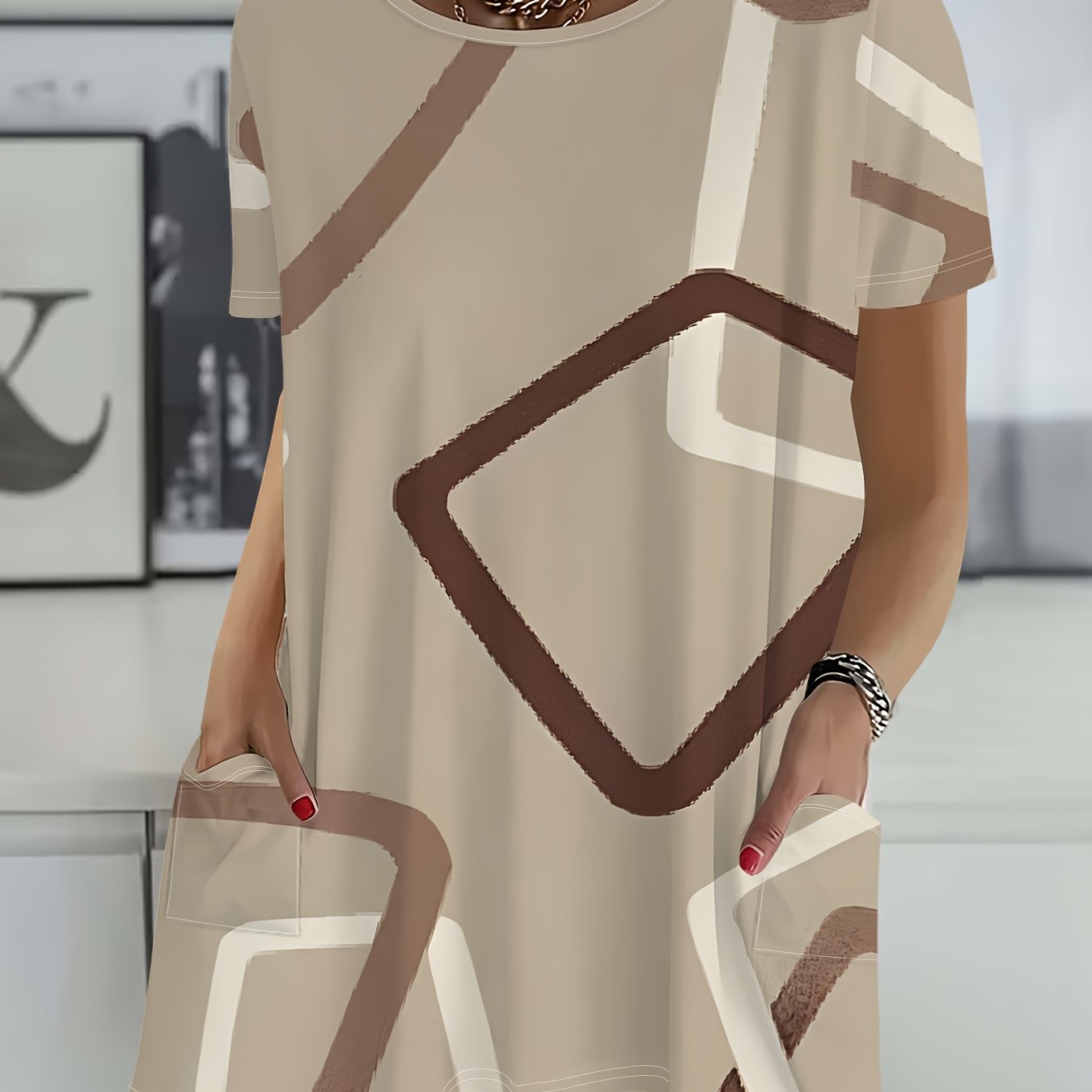 TEMU Women's Loose-fit Short-sleeve T-shirt With Geometric Pattern, Fashionable And Versatile Casual Top, Trendy Crew Neck Pullover