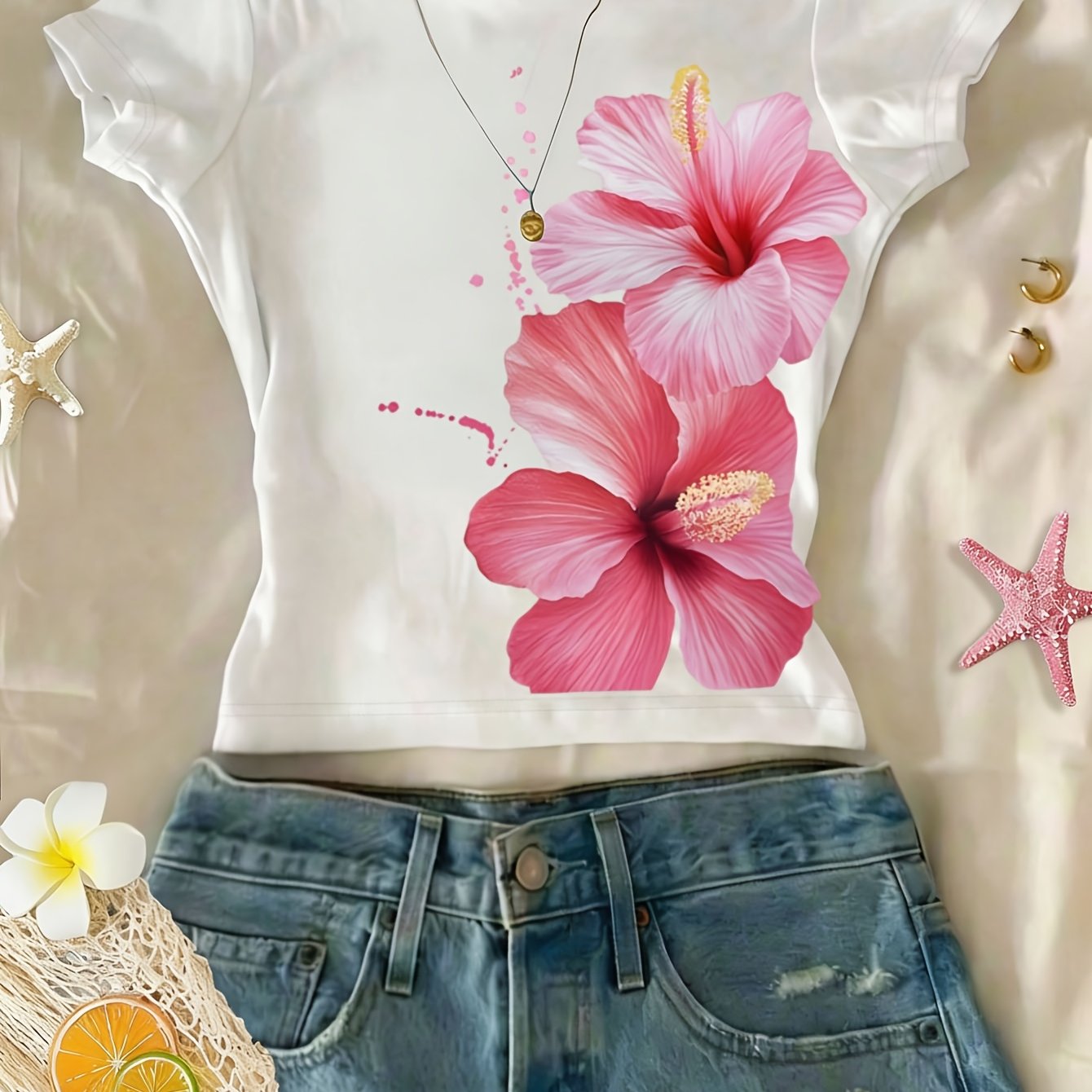 TEMU Women's Short Sleeve Hand-painted Floral Print Cropped T-shirt, Fresh And Gentle Style, Fit, Beach Vacations And Daily Wear, Great For