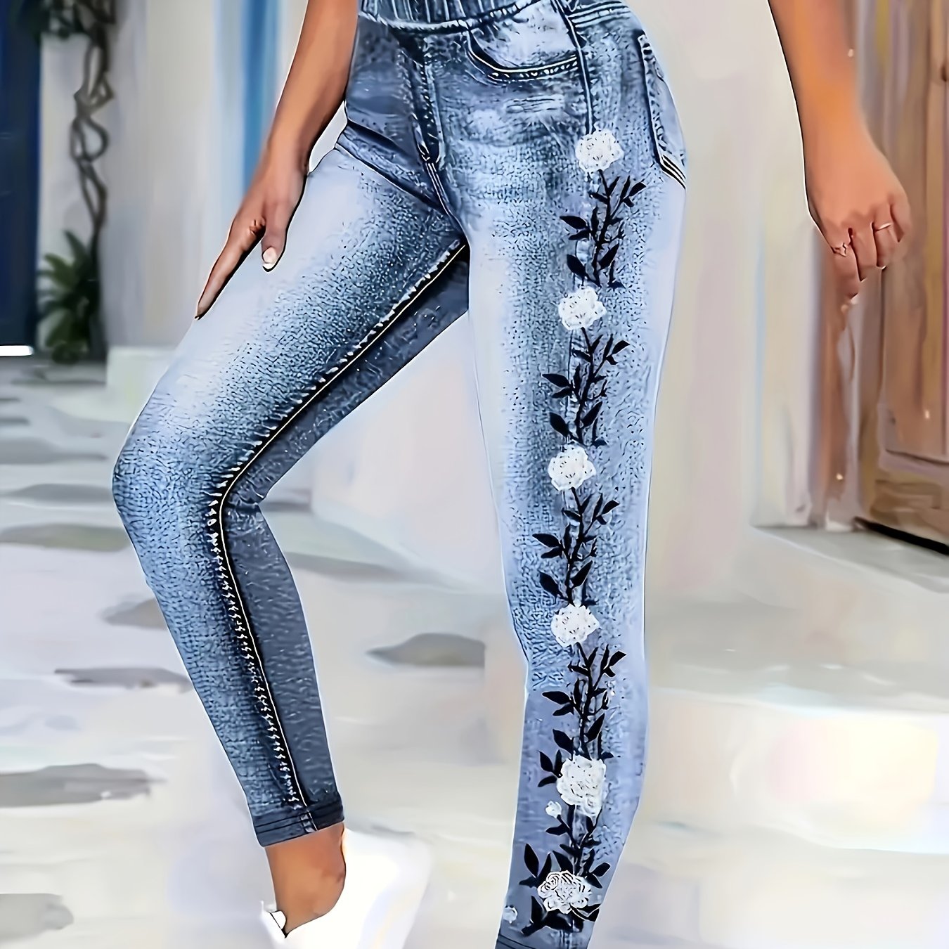 E-shop [Bedruckte Leggings - Kein -Denim-Stoff] Richtungsabhängige Leggings in -Denim-Optik