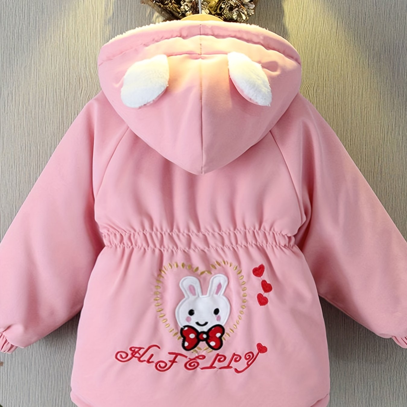 Image of Girls' Cartoon Heart Rabbit Fleece Jacket Autumn Winter Style Hooded Jacket Padded Coat Cute Thickened Jacket Trendy Kids