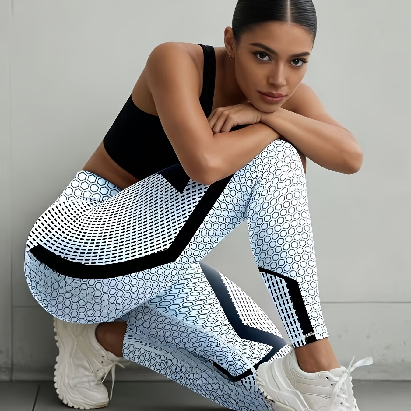 E-shop Damen hochelastische Po-hebende Bauch-Workout-Leggings – Ganzlange Yoga-, Lauf-, Fitnesshose mit Wabenmuster, atmungsaktive sportliche