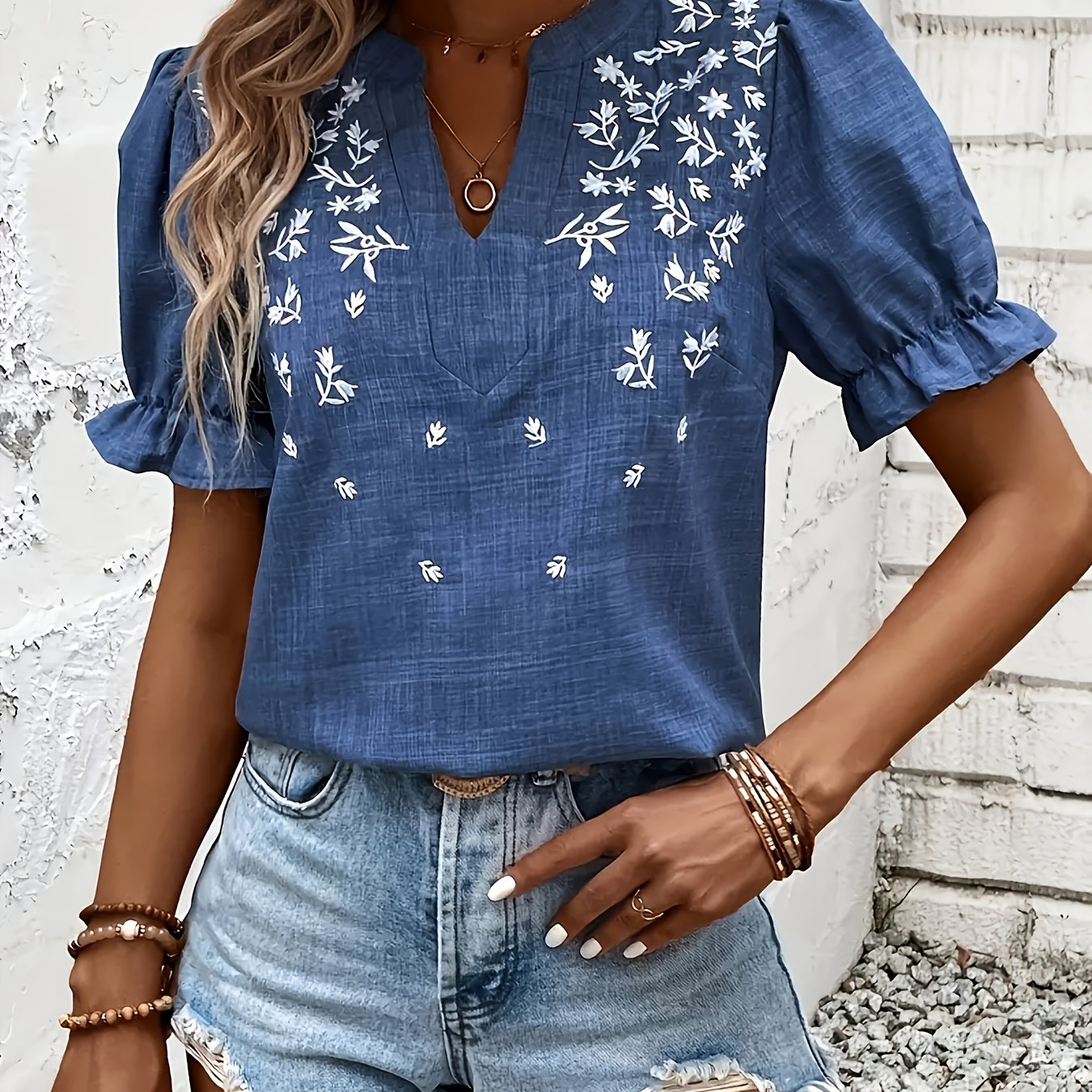 TEMU Women's Elegant Floral Embroidered V-neck Blouse - Lightweight 100% Polyester, Middle Eastern-, Machine Washable, Spring Summer Fall Casual &
