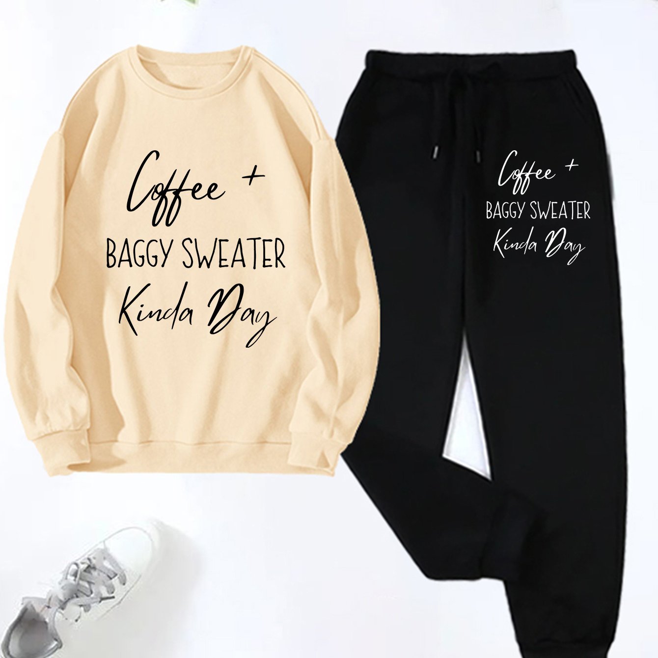TEMU Coffee Letters Print Women's Plus Size Suit, Autumn And Winter Long Sleeve Round Neck Sweatshirt And Pants Set, Casual Sportswear