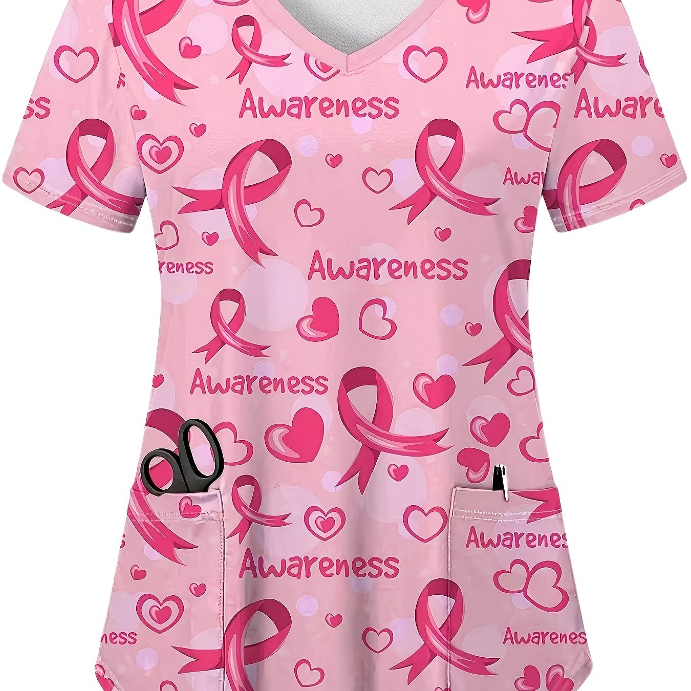 TEMU Plus Size, Plus Size Cute Tie-back Print Short Sleeve Stretch V-neck Top, Comfortable And Practical Uniform, Stylish Women's Uniform With