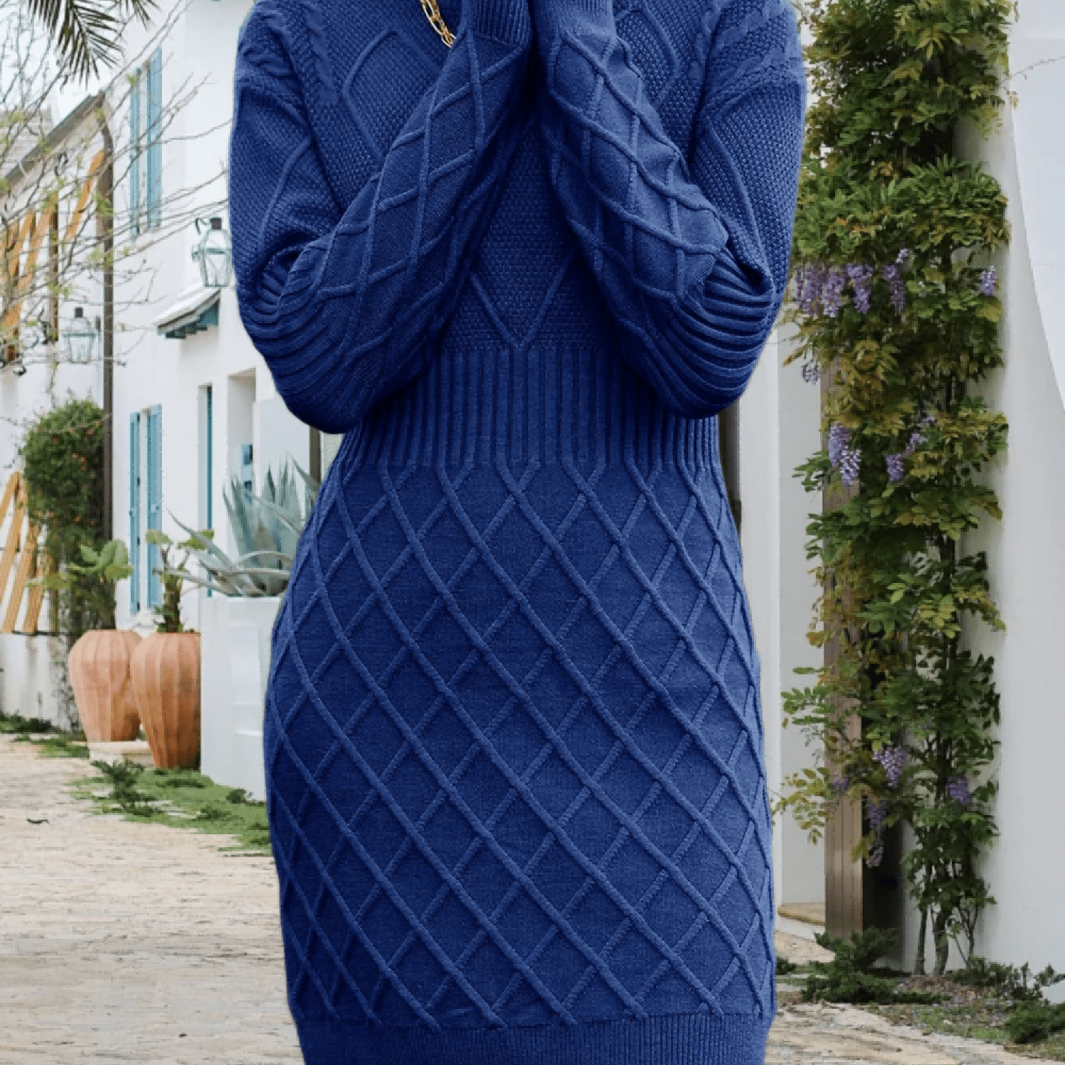 Ladies' Dress - Fitted Winter Crewneck Pullover, Long Sleeve Bodycon Dress With Diamond Pattern For Evening Out/work