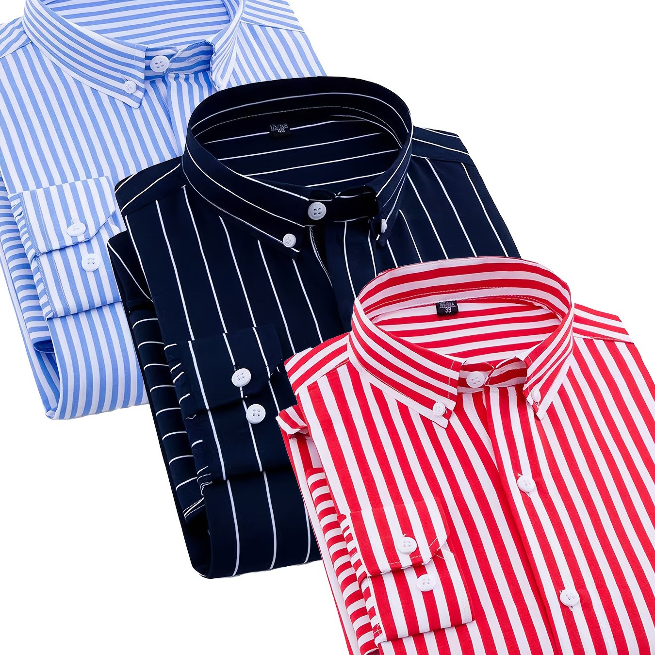 TEMU 3pcs Men's Fashion Striped Long Sleeve Shirt Set - Casual Lapel, Lightweight Fabric, Classic Striped Top, Versatile For Occasions
