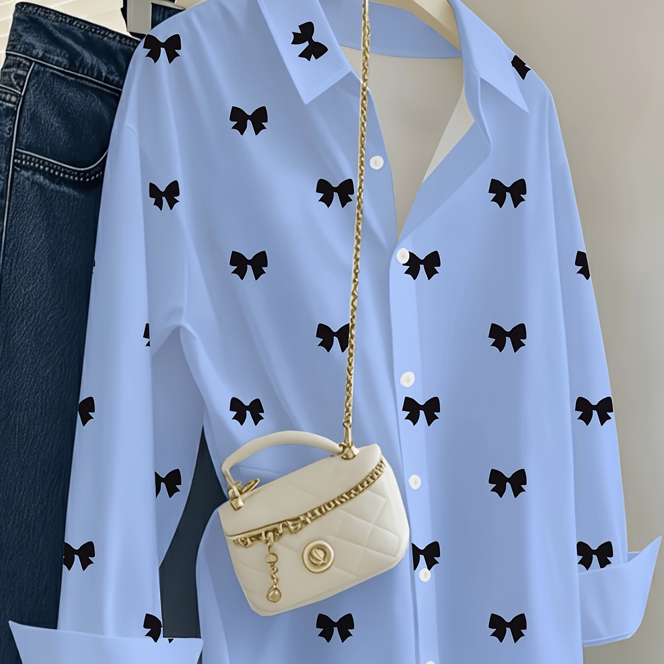 TEMU New Women's Bow Print Loose Casual Shirt, Loose Long Sleeve Blouse, Sweet Retro All-match Layering Item [printed Design - Not Textured]