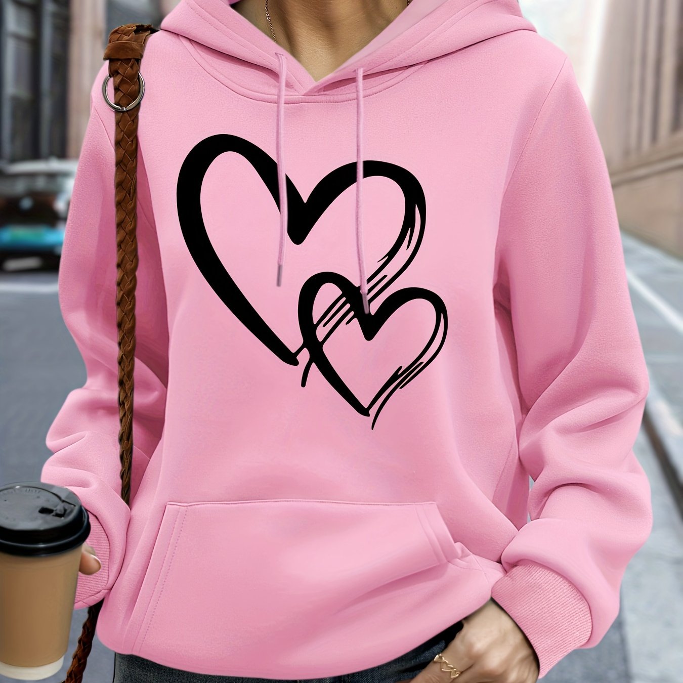 TEMU Plus Size, Plus Size Heart Print Hoodie, Drawstring Casual Hooded Sweatshirt For Winter & Fall, Women's Plus Size Clothing
