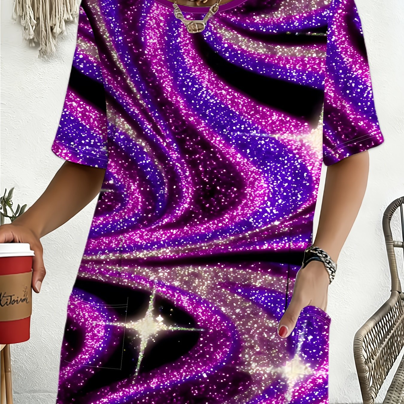 TEMU Purple Starry Loose Short Sleeve T-shirt Women's Luxurious Top Summer New Casual Wear