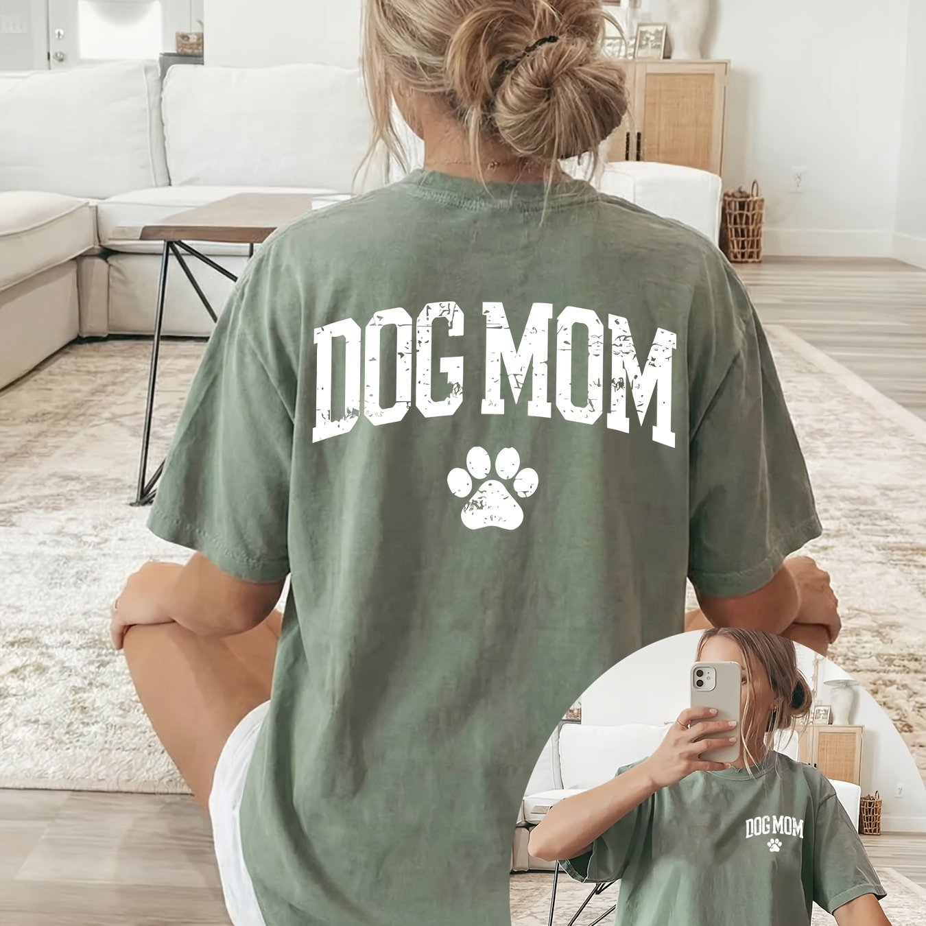 TEMU White "dog Mom" Print With Paw Print Pattern On Front And Back, Short-sleeve Crew-neck Casual Top, Suitable For Women's Spring And Summer Wear