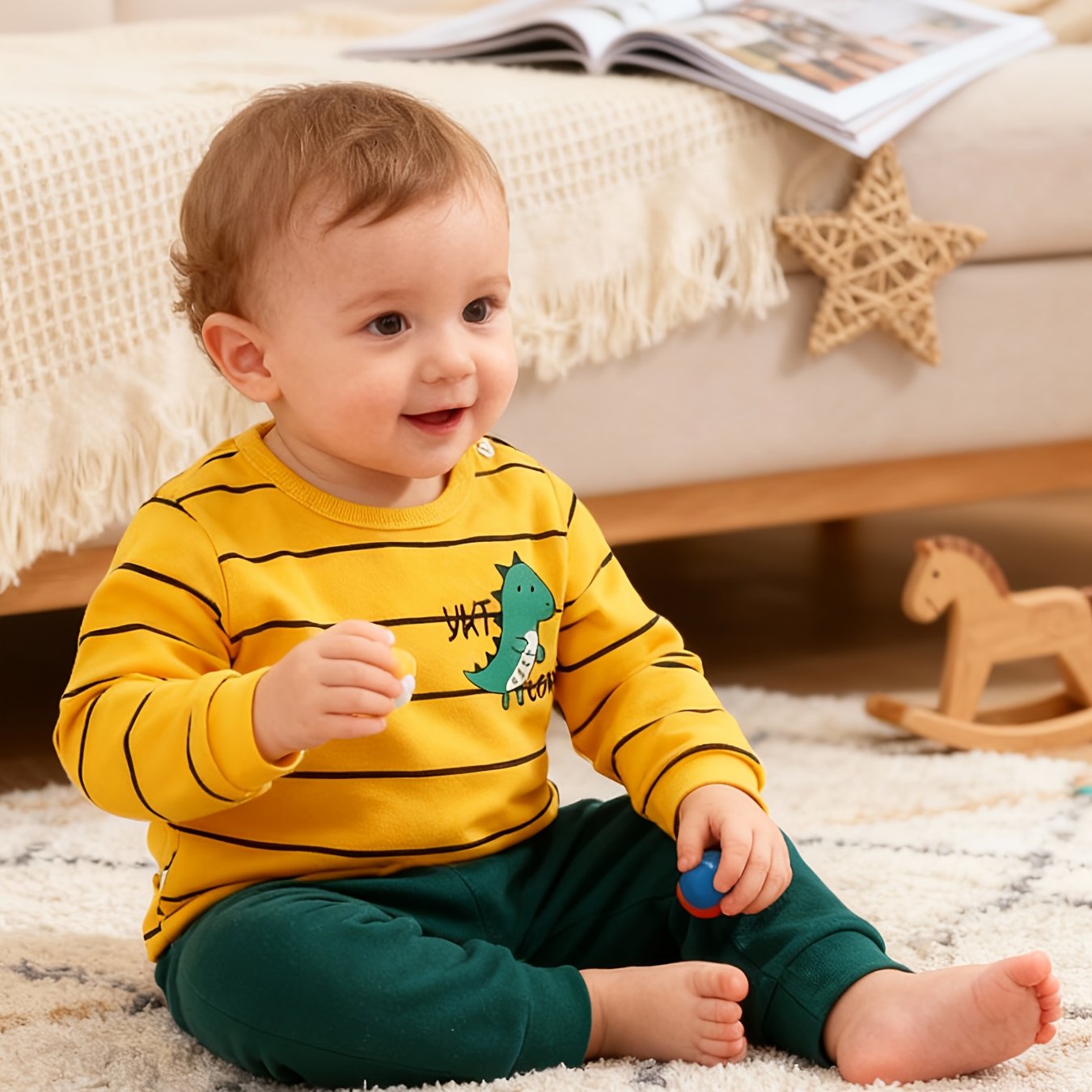 Image of Boys' Autumn/ Set, 2-piece Set: Baby Boy's Sweatshirt + Long Pants, Striped Little Dinosaur Print, Casual And Wear
