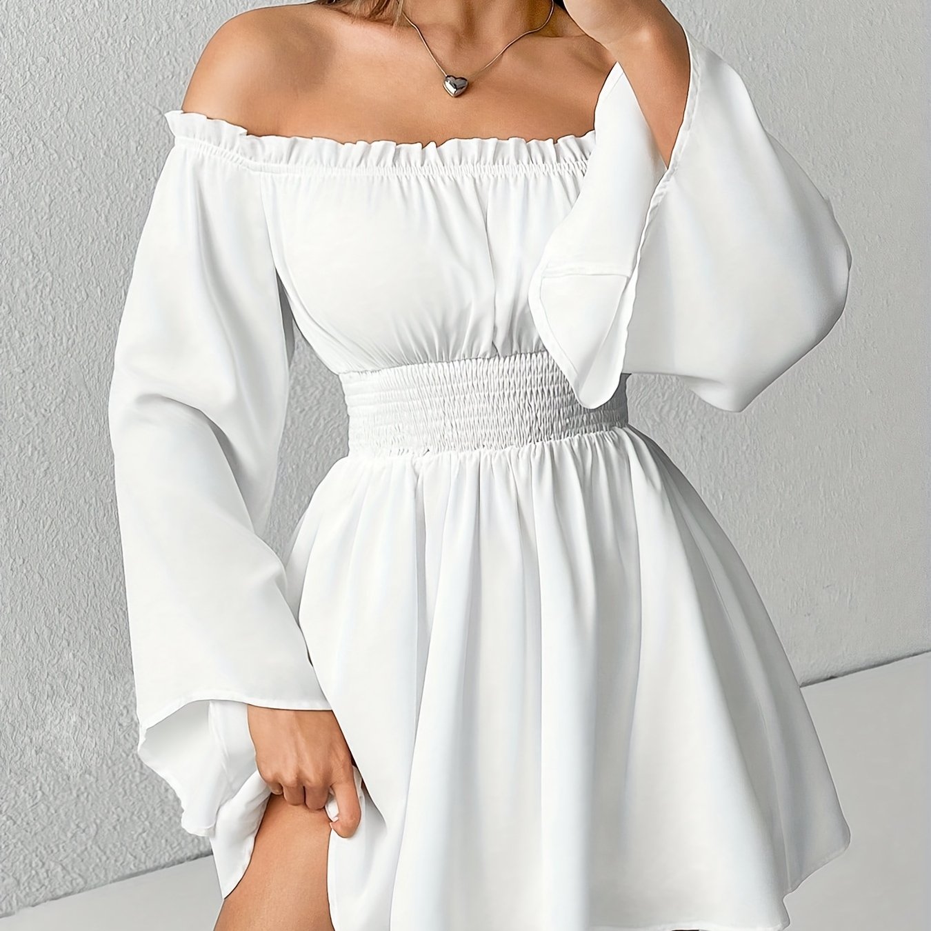 TEMU Vestido elegante francés con volantes, vestido de color sólido con cuello descubierto, ribete plisado y de campana con volantes, vestido , para