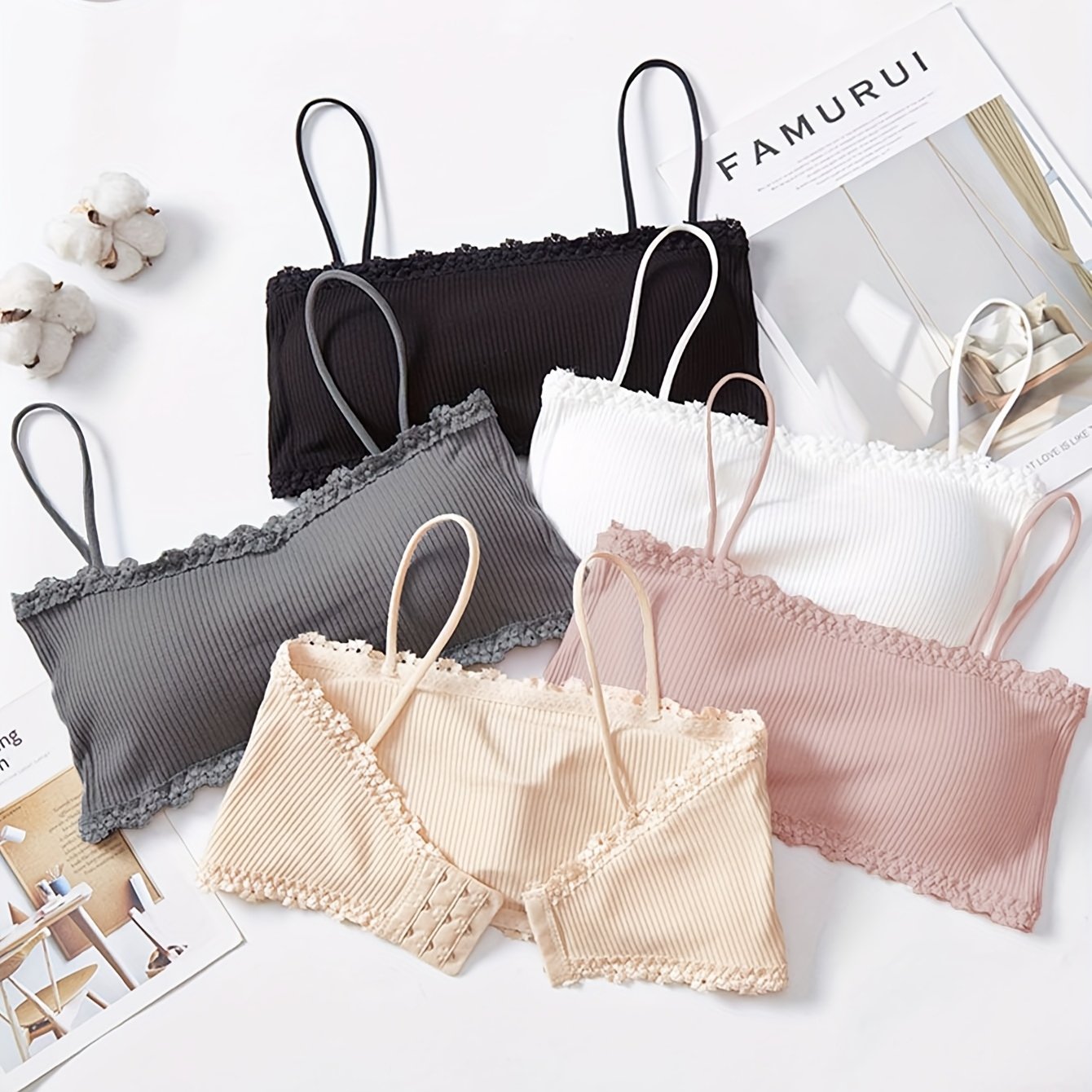 E-shop 5er-Pack Sommer Strapless Tube Top Gerippt Träger Damen mit Brustpolster Anti-Exposure Unterwäsche Brustband