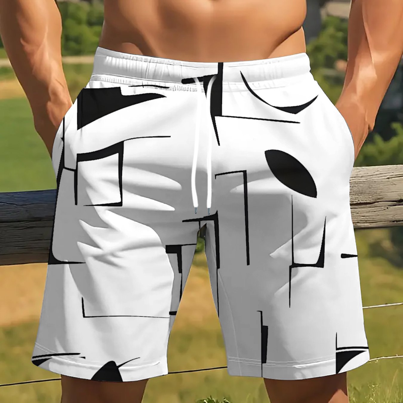 E-shop Herren-Shorts mit Kordelzug schwarz-weißem ungeordnetem geometrischem Muster, Business-Stil, geeignet für Zuhause Büro
