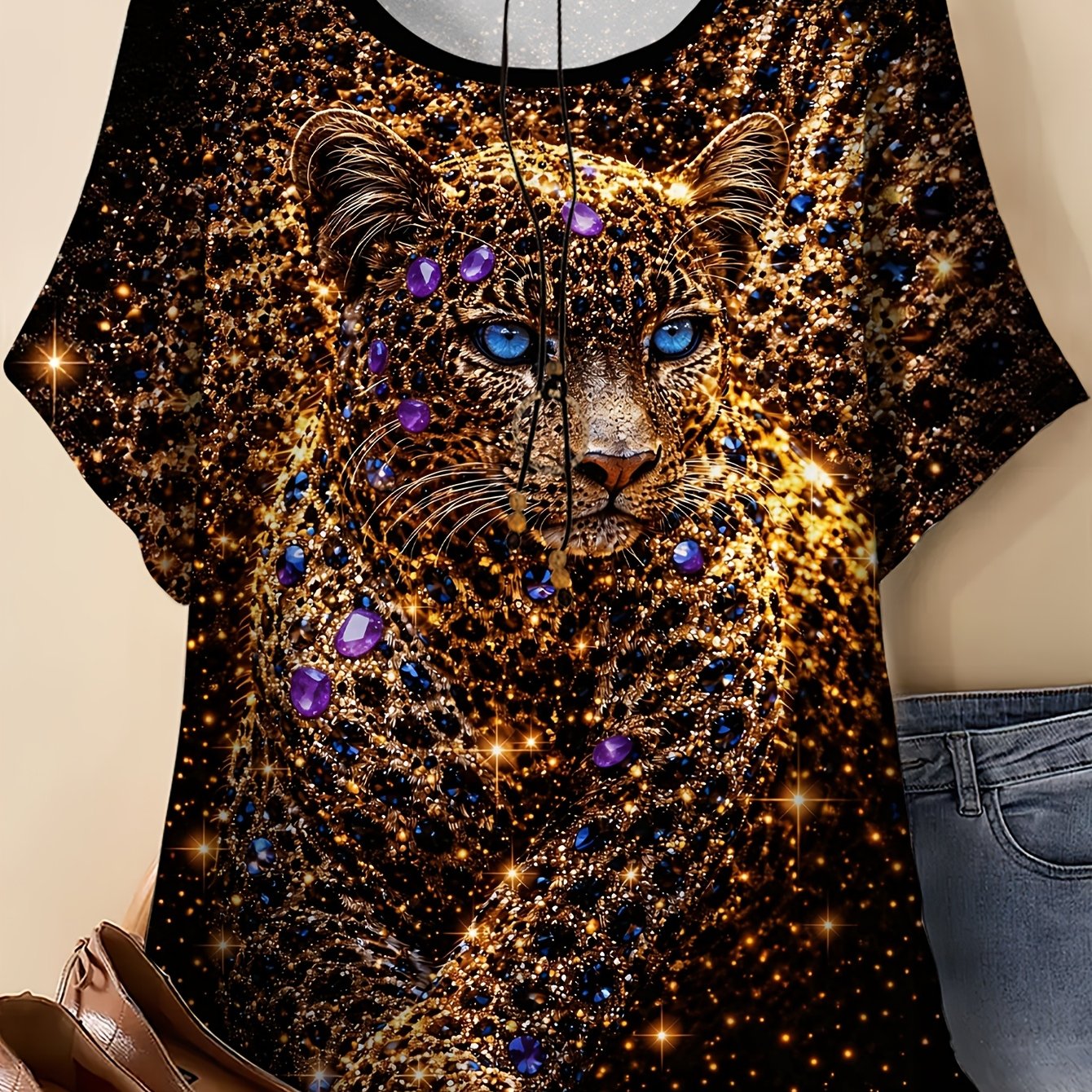 TEMU Plus Size - Plus Size - Women's Plus Size Round Neck T-shirt - Casual Leopard Print Summer Short Sleeve Top, Lightweight Fabric, Print, Round