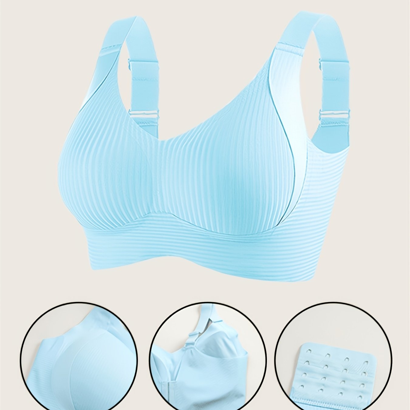 TEMU 2026 Spring New Women's Full-coverage Push-up Bra, Wire- With Adjustable Straps, Seamless Construction, Removable Pads, And Side Stripes,