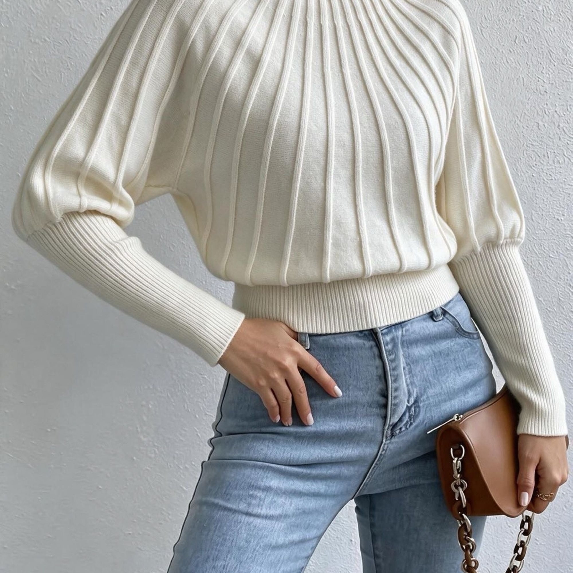 TEMU Autumn Winter Mature Commuter Style High Neck Top, Loose Waist-cinching Style Ribbed Long Sleeve Sweater, Suitable For Casual Daily , Women's