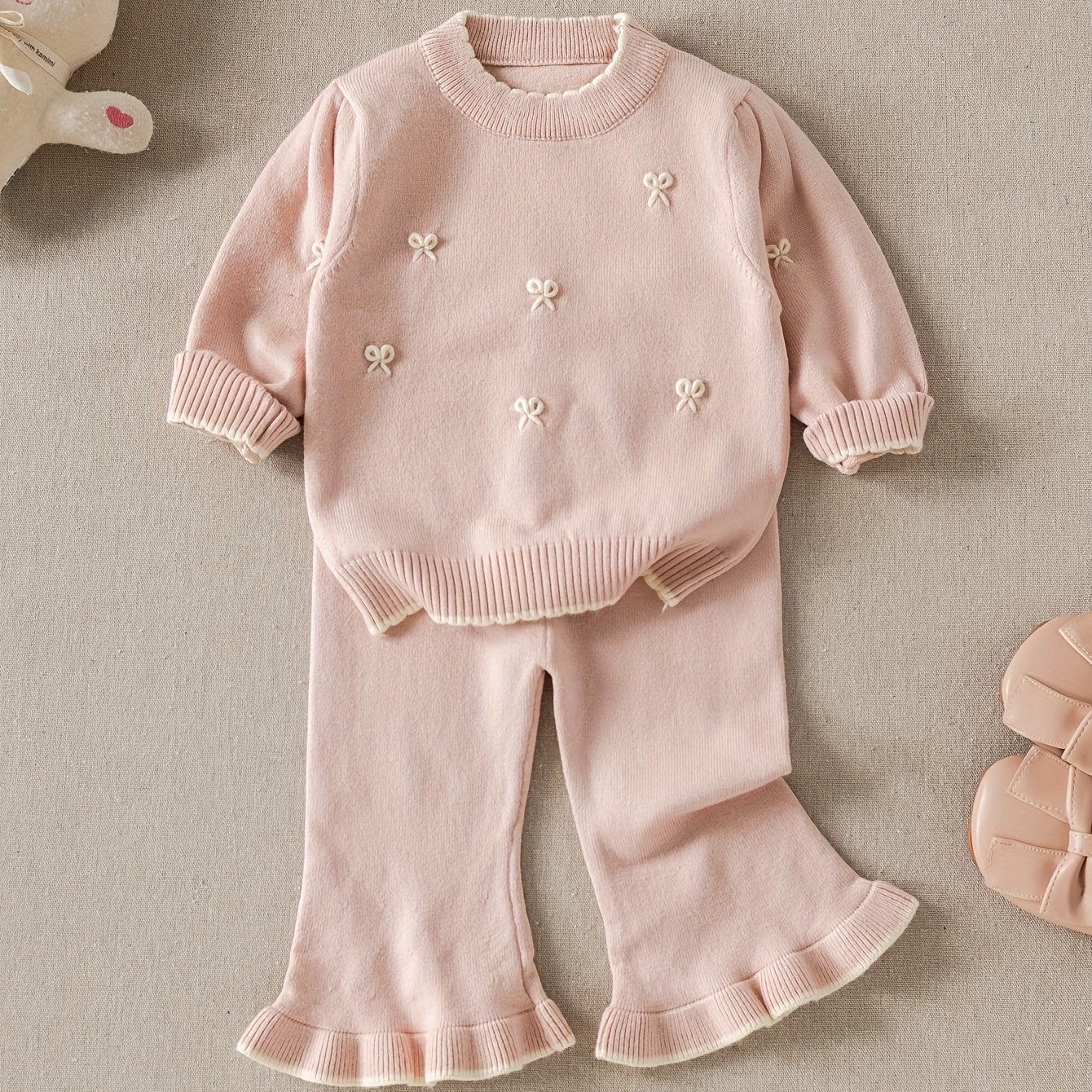 Image of 2-piece Set For Girls, Cute Hand-crocheted Sweater Set, Long-sleeve Lace-trimmed Pants Infant Sweater