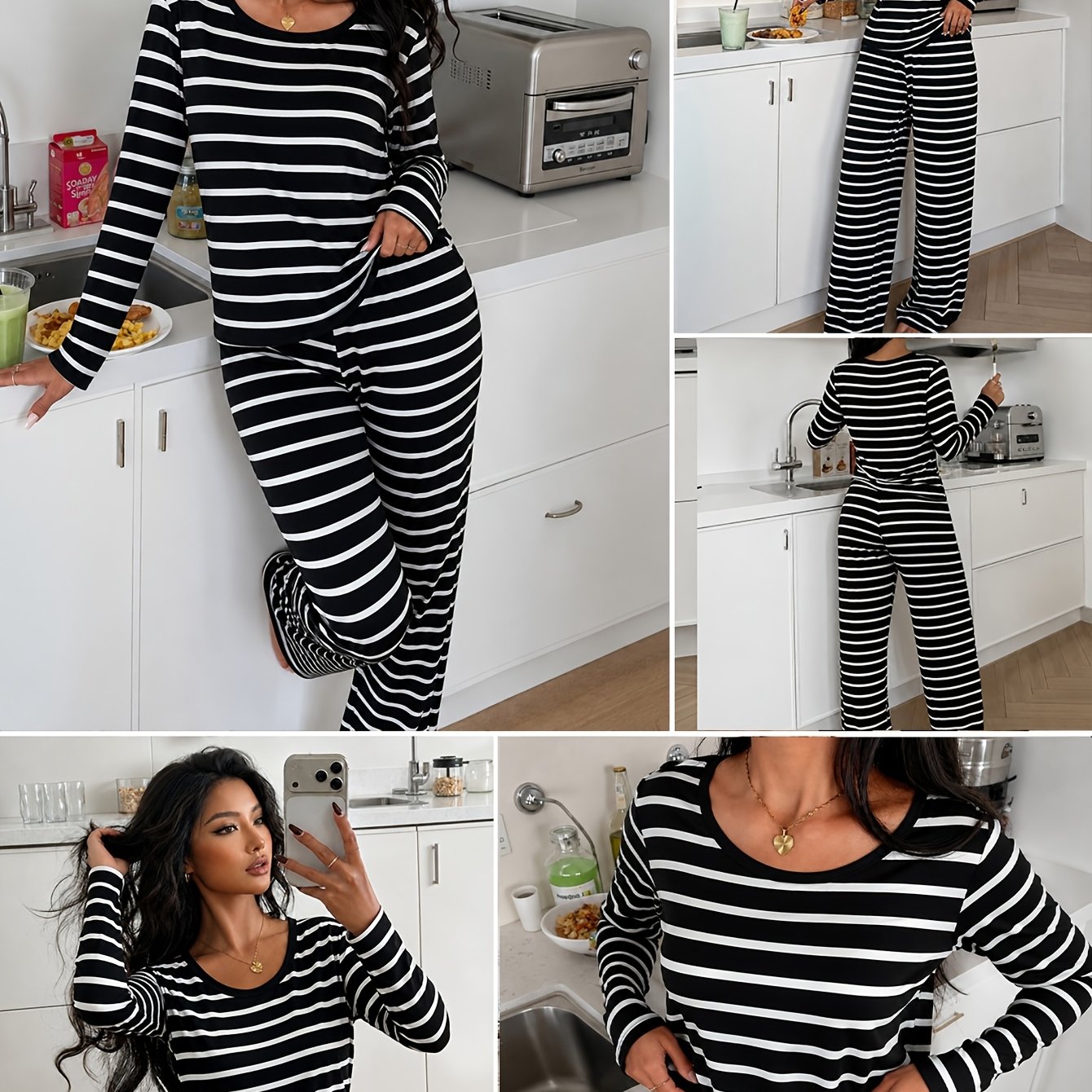 TEMU Women's 2pcs Pajama Set, Casual Sleepwear Set For Spring, Summer, And Autumn, Loungewear Set, Striped Themed Pajamas, Loose Neck Long Sleeve Top