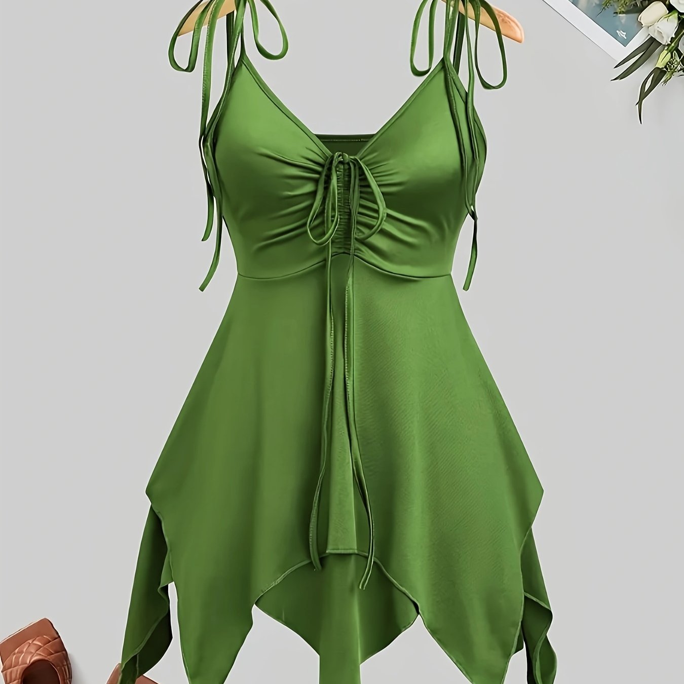 Women's Minimalist Chic V-neck Pleated Asymmetrical Sleeveless Adjustable Strap Midi Dress
