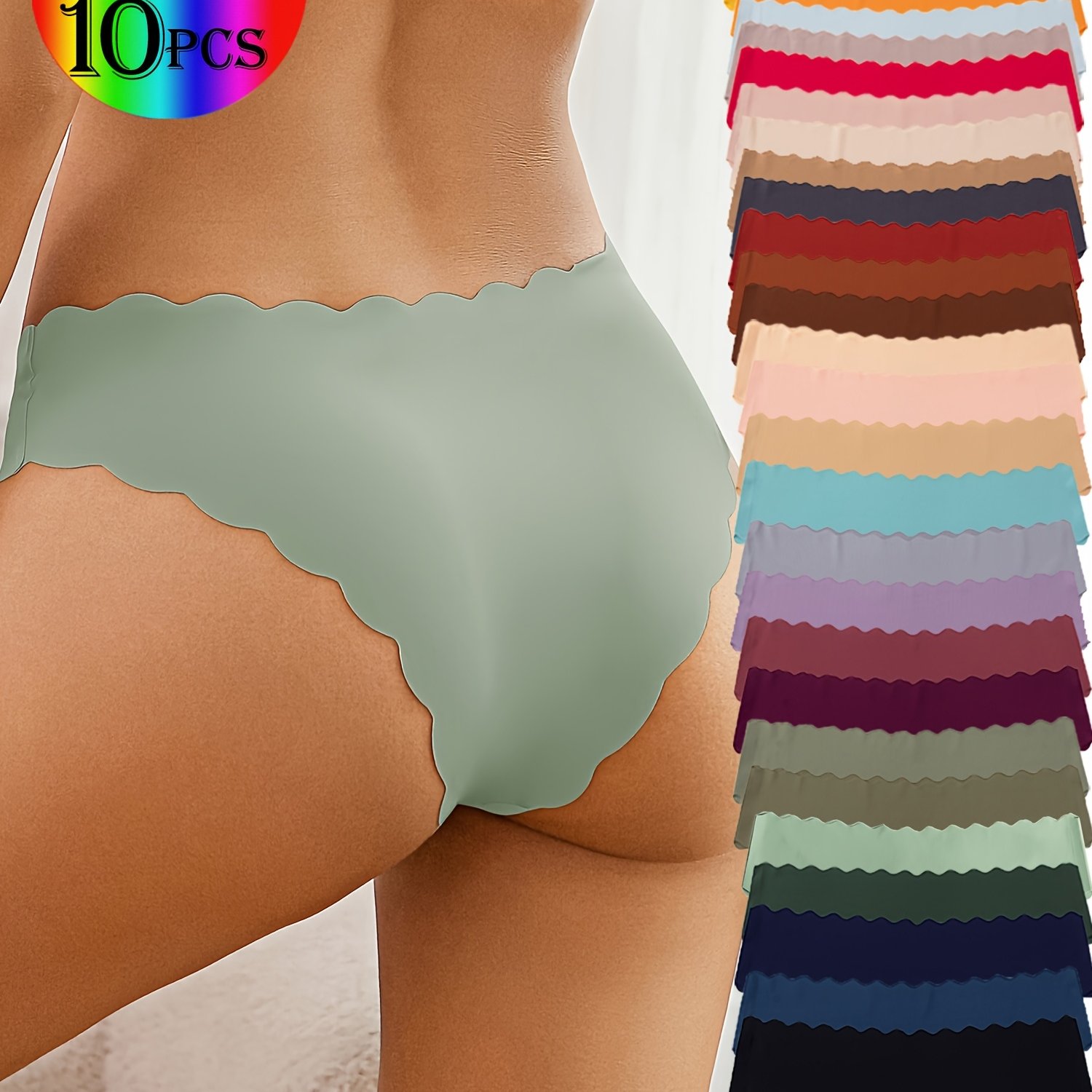 Image of Packed 10pcs Set Of Seamless Women's Panties, Featuring A Scalloped Design, Soft And Comfortable