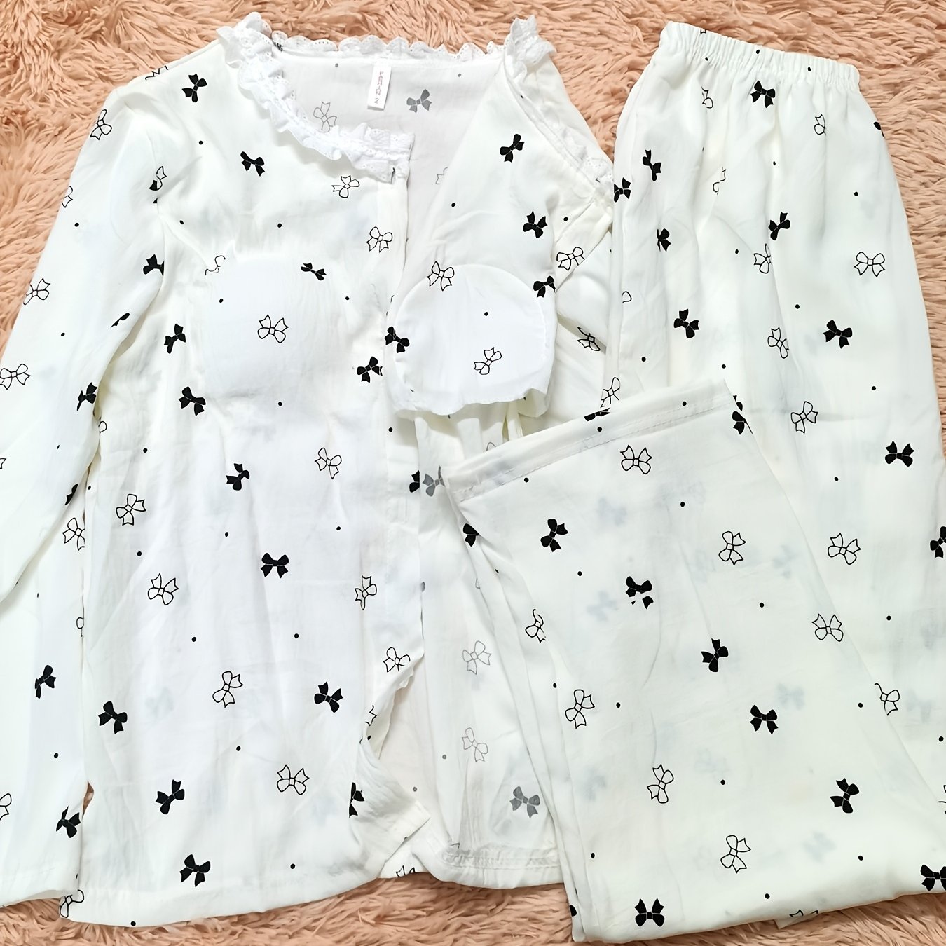 E-shop [Eingebaute Brustpolsterung] Frühlings-Schleifen-Print Spitze Rundhals Damen Pyjama Sommer Herbst Langarm Frühling Sommer Herbst Cardigan