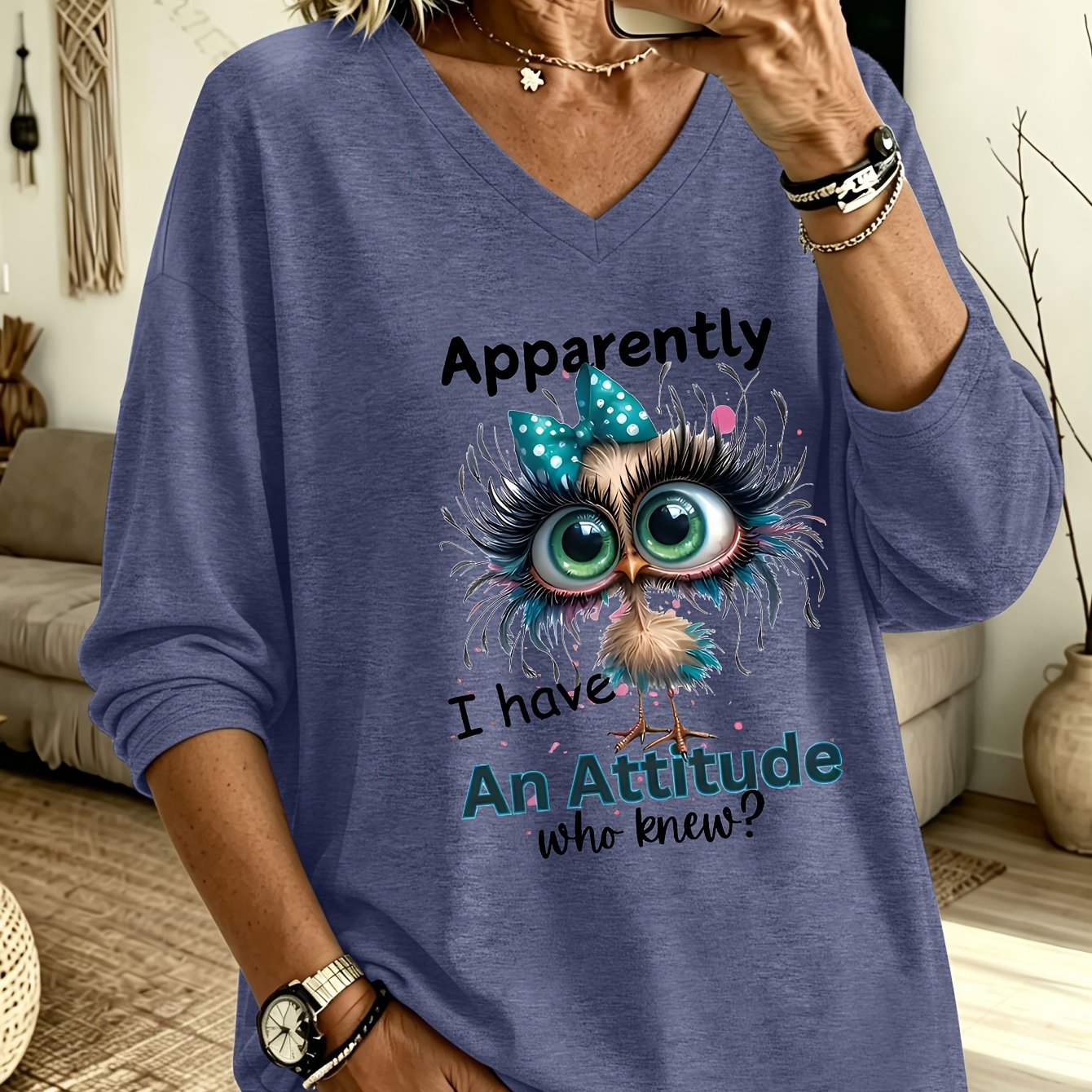 TEMU Plus Size - Spring Summer Plus Size Women's Trendy Letter ", I Have Attitude" Cartoon Big- Long Sleeve V-neck T-shirt, Viscose Fabric - Care