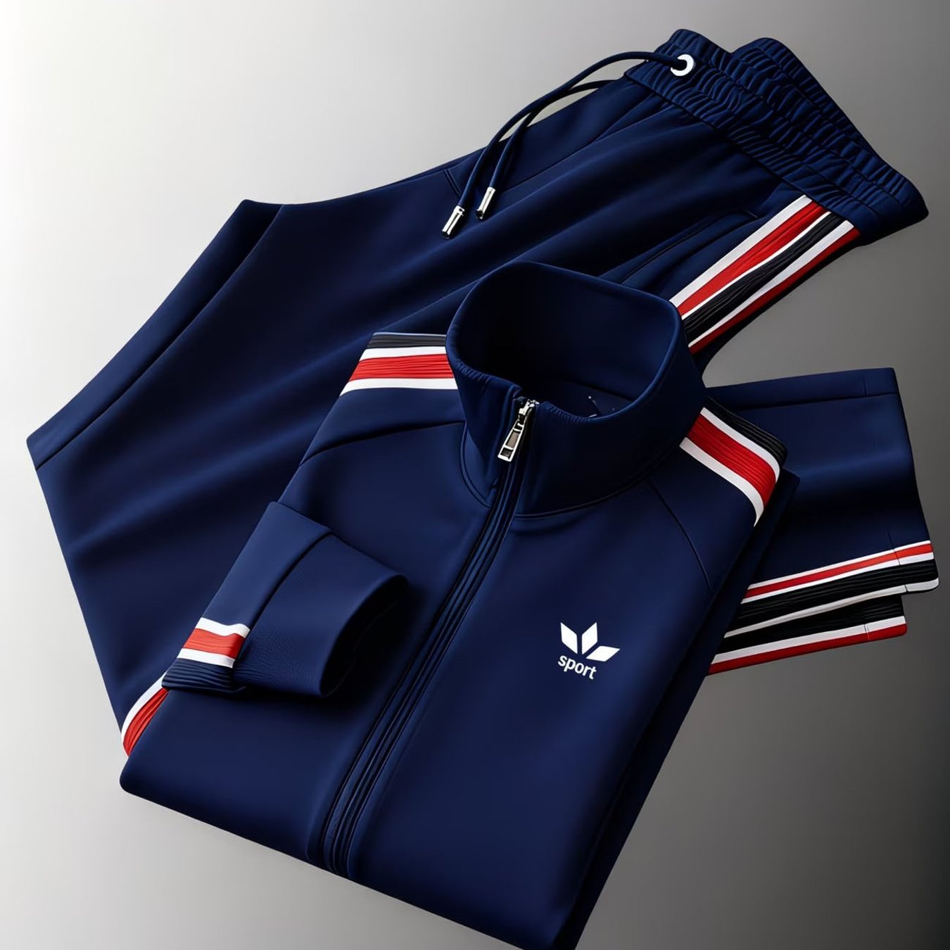 Navy Blue Athletic Tracksuit For Men Featuring Striped Accents, A Zip-up Jacket, And Drawstring Pants, Designed For Casual Sportswear Suitable For Daily Activities, Gym Workouts, And Street Fashion