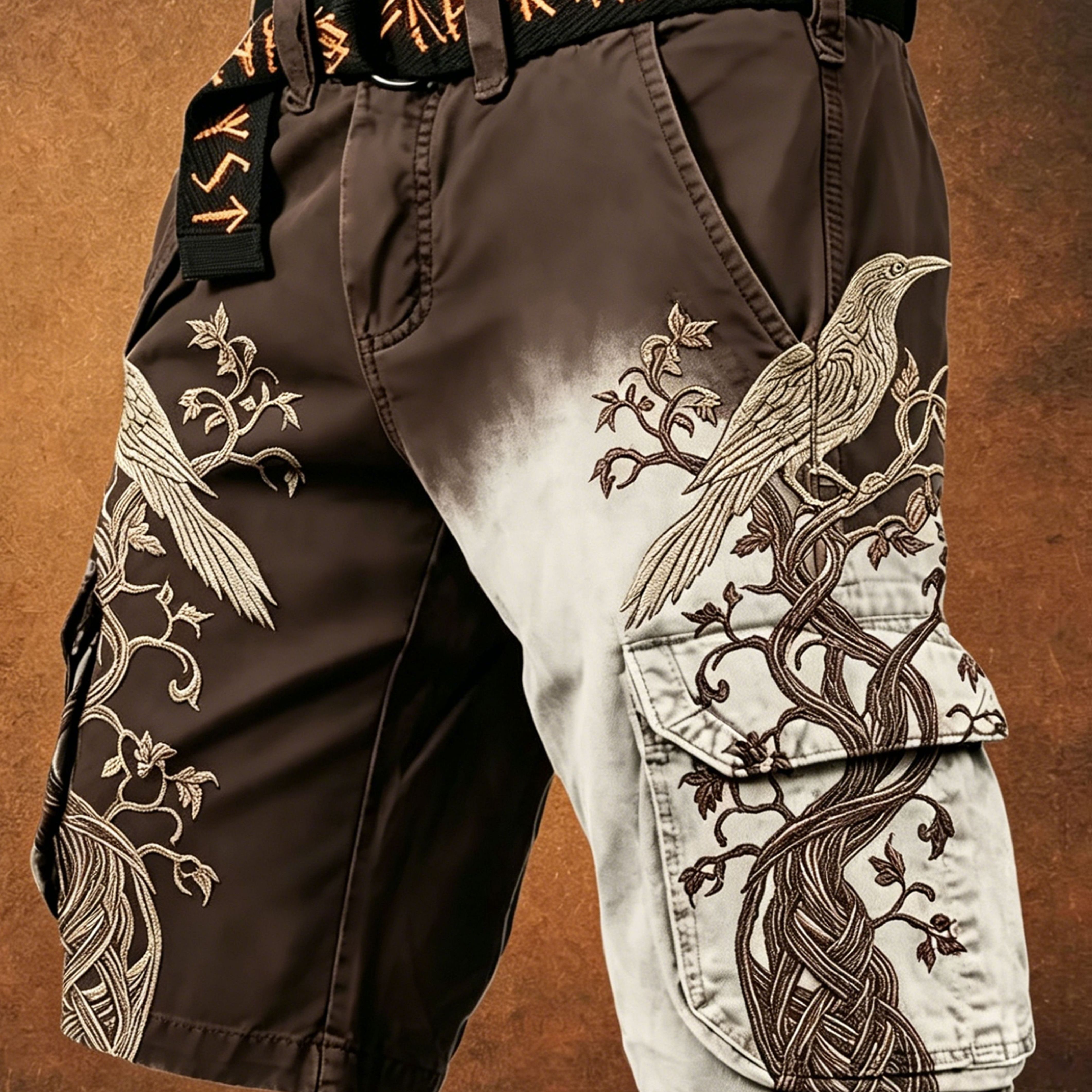 Men's Brown-to-beige Gradient Nordic Print Cargo Shorts, Tactical Military Style Multi-pocket Cargo Shorts, Pants Only