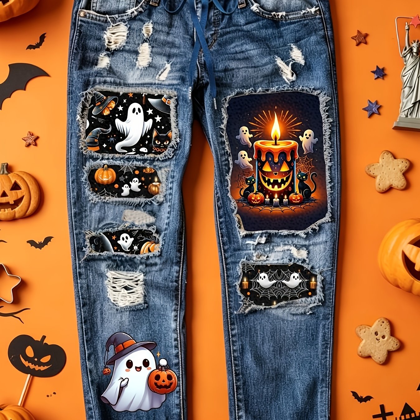 Image of Plus Size Women's Vintage Washed Distressed Denim Jeans - Mid-rise Straight Leg Pants With Patch & Fray Hem, Spooky Suitable For , Machine Washable For Halloween & Casual Attire (bigger )