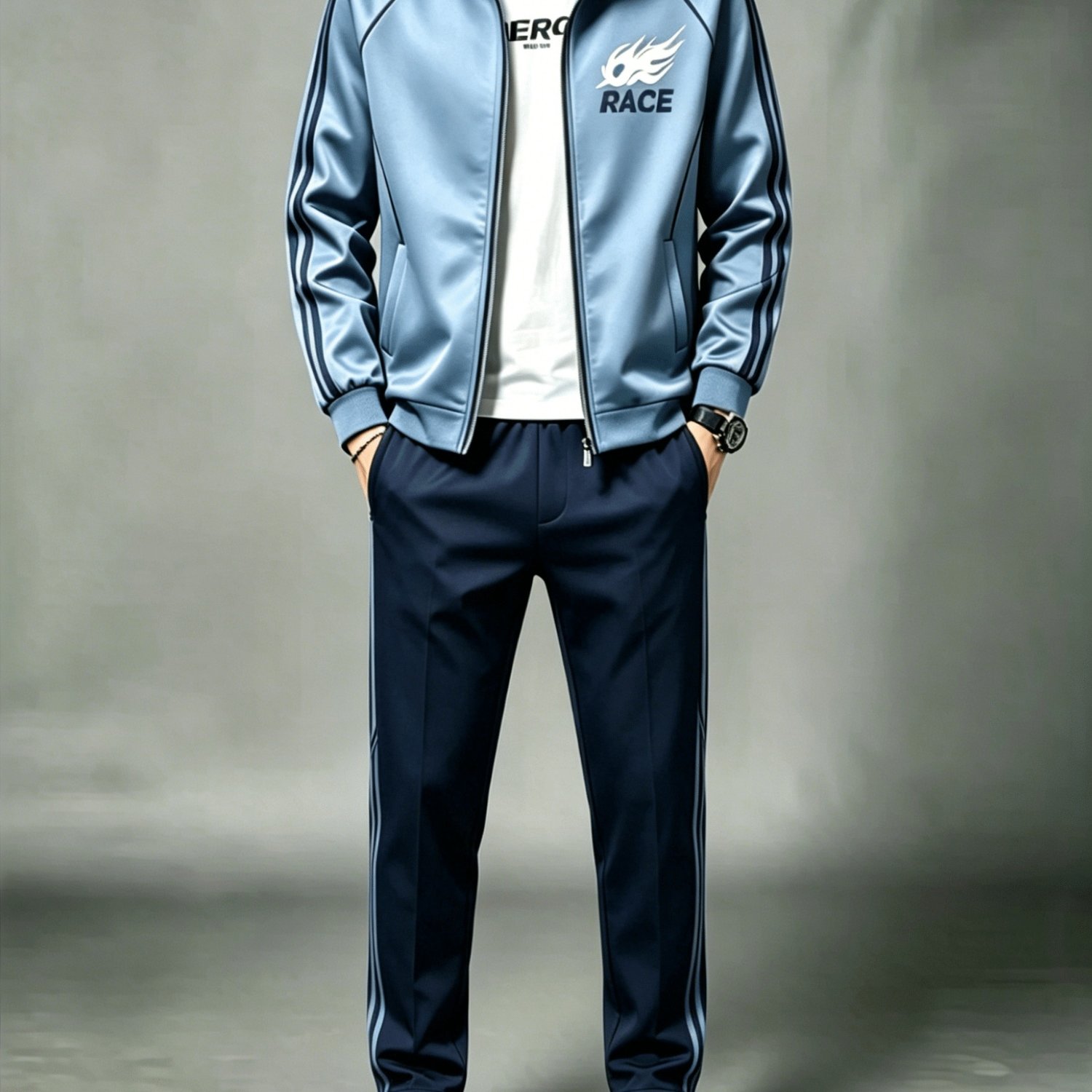 Image of Men's Polyester Stand Collar Cardigan Set Casual Sports Color Block Light And Navy Blue Pants Two-piece Outfit With Print