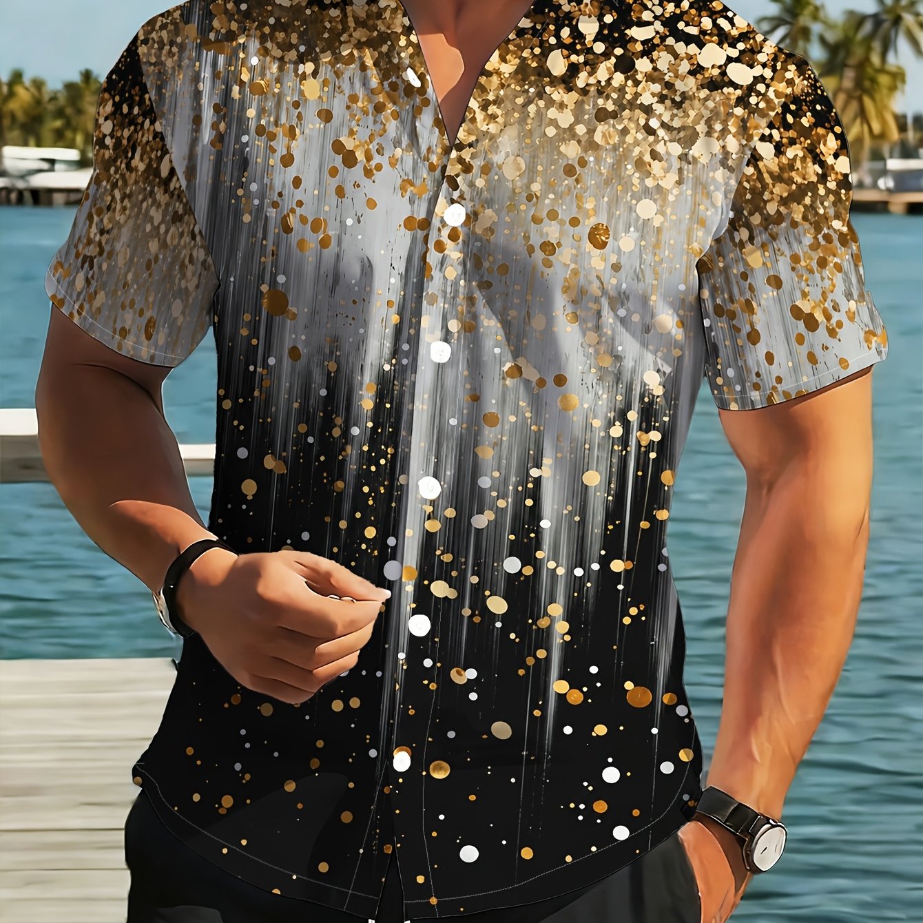 TEMU [print Design - Not Textured] Men's Black Short Sleeve Shirt With Golden Polka Dot Print
