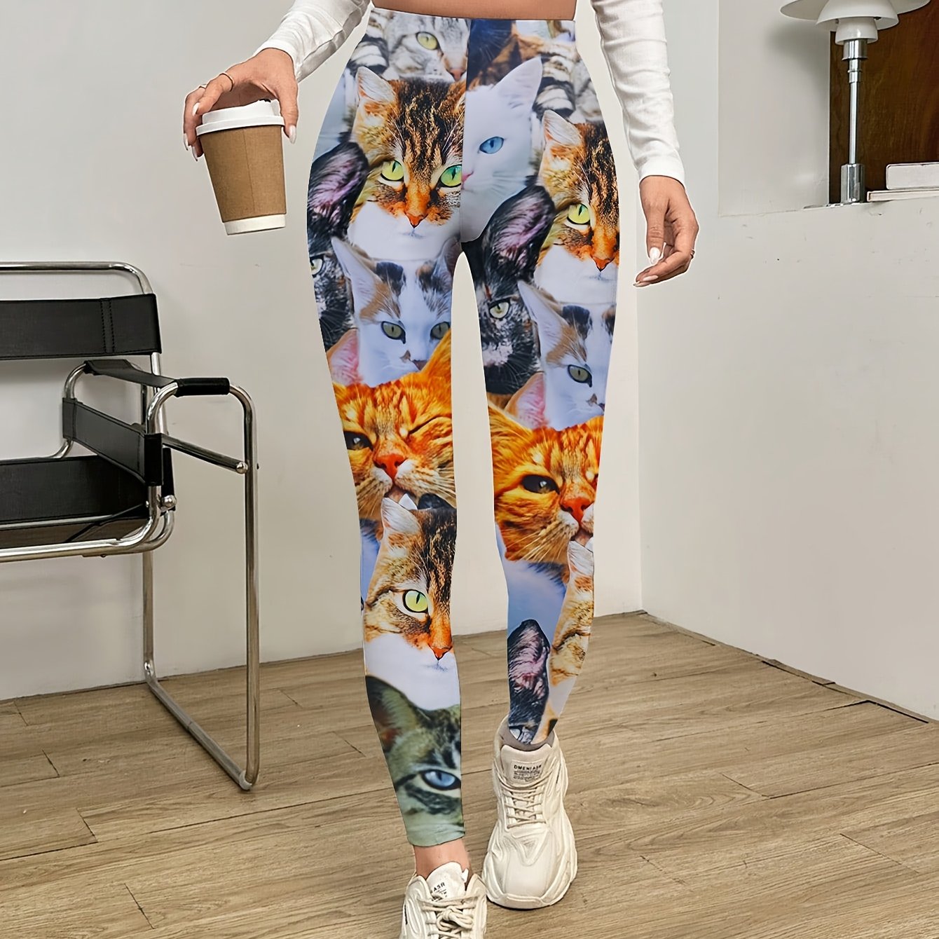 TEMU Women'-soft Cat Print Leggings - Comfortable & Stretchy, Perfect For Spring/summer/fall
