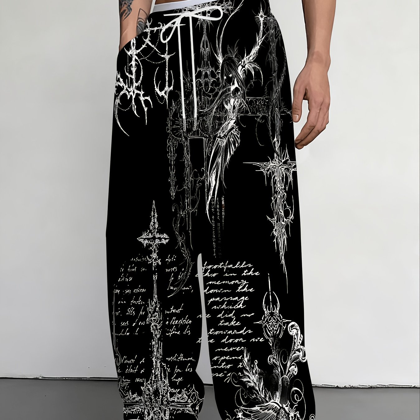 TEMU Men's Casual Straight-leg Religious And Floral Print Pants | Perfect For Couples, Slightly Stretchy Fabric, Print